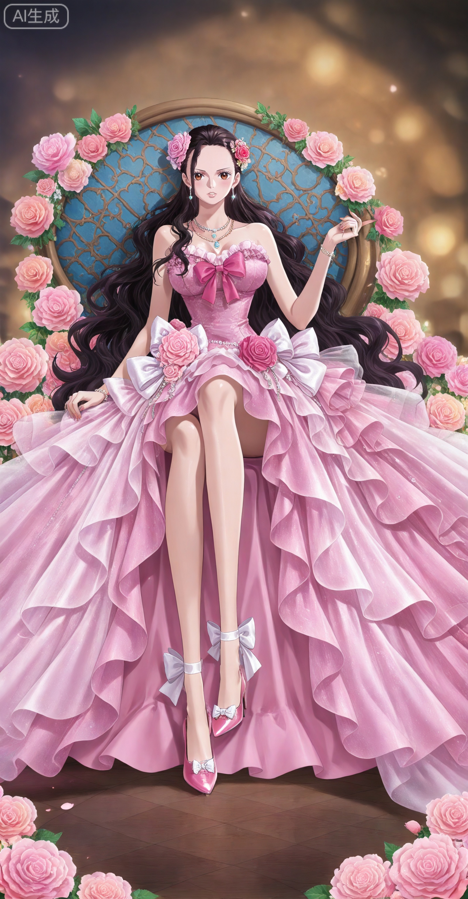 depth of field,masterpiece,best quality,very aesthetic,alternate costume,alternate costume,2024,2023,perfect composition,ultra-detailed,extreme aesthetic,masterpiece,best quality,good quality,newest,year 2024,year 2023,very aesthetic,absurdres,looking_at_viewer,colorful,
Viola one piece,Viola\(one piece\),long hair,jewelry,black hair,hair ornament,necklace,hair flower,earrings,brown eyes,large breasts,
lvjing, 1girl, dress, flower, pink dress, long hair, blue eyes, bow, white hair, solo, jewelry, hair ornament, dress flower, looking at viewer, sitting, rose, pink flower, hair flower, white bow, high heels, pink rose, pink bow, frills, full body, very long hair