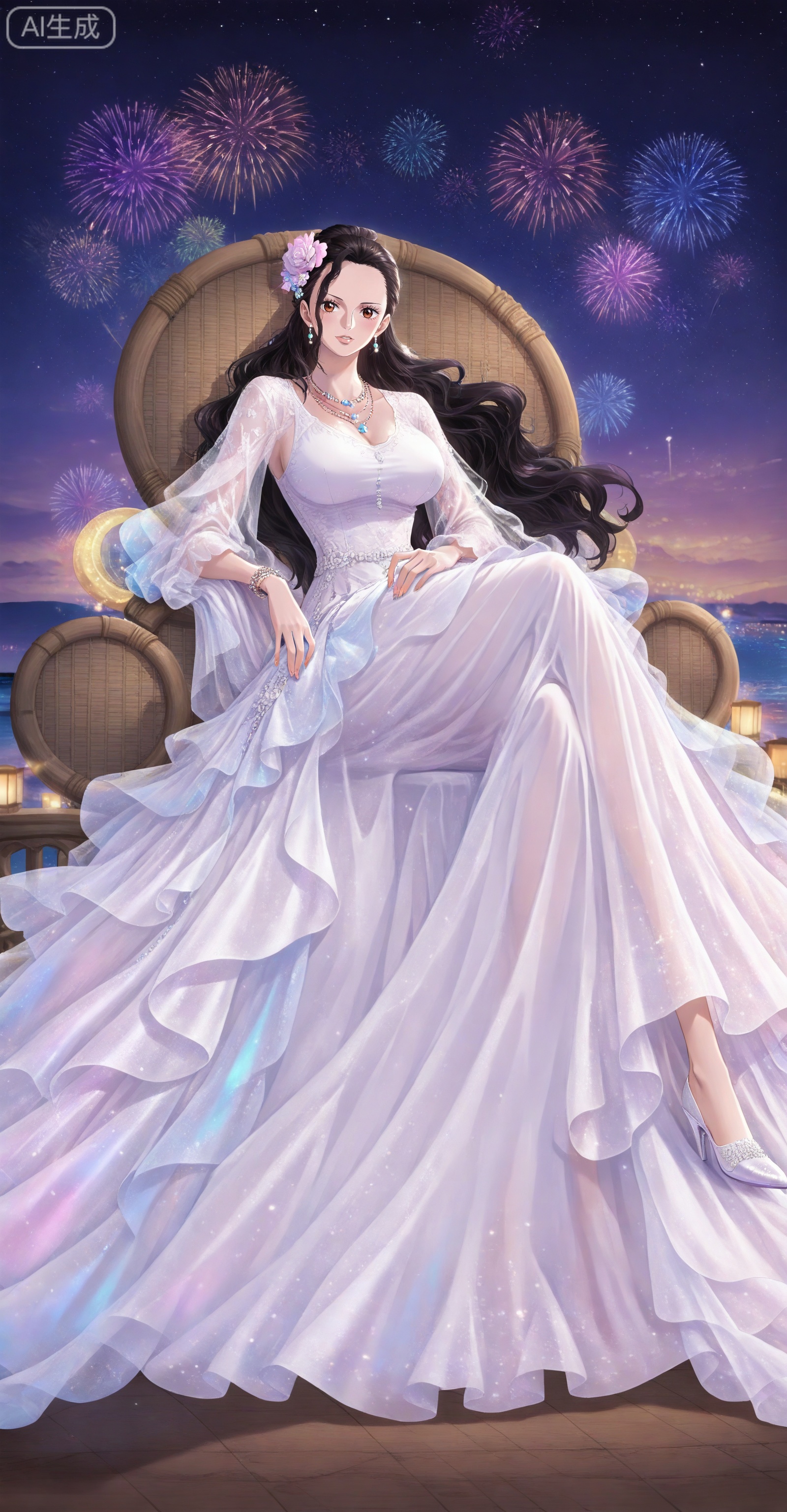 depth of field,masterpiece,best quality,very aesthetic,alternate costume,alternate costume,2024,2023,perfect composition,ultra-detailed,extreme aesthetic,masterpiece,best quality,good quality,newest,year 2024,year 2023,very aesthetic,absurdres,looking_at_viewer,colorful,
Viola one piece,Viola\(one piece\),long hair,jewelry,black hair,hair ornament,necklace,hair flower,earrings,brown eyes,large breasts,
lvjing, 1girl, fireworks, long hair, dress, white hair, solo, sitting, sky, hair ornament, white dress, star \(sky\), night, night sky, full body, jewelry, starry sky