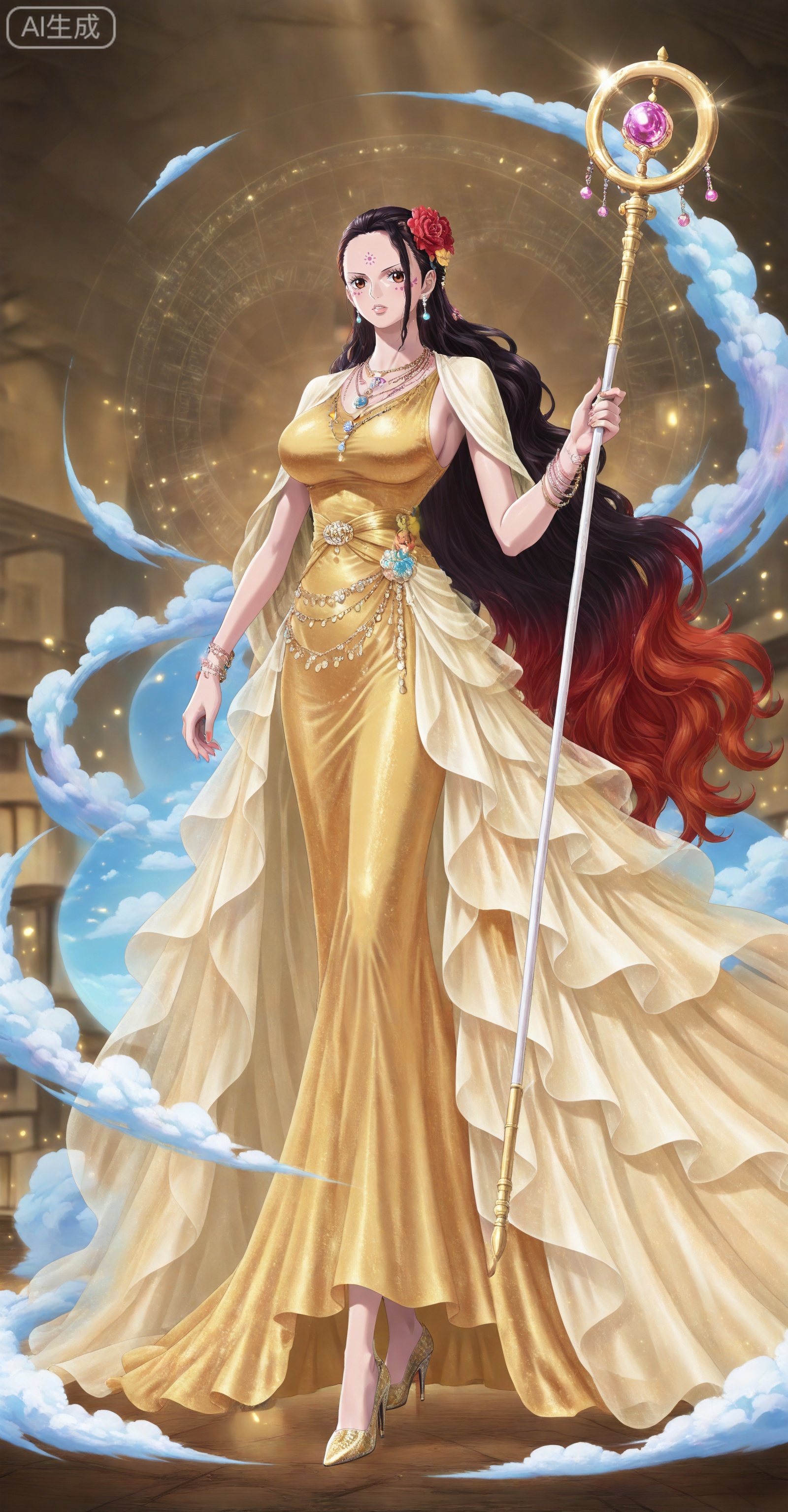 depth of field,masterpiece,best quality,very aesthetic,alternate costume,alternate costume,2024,2023,perfect composition,ultra-detailed,extreme aesthetic,masterpiece,best quality,good quality,newest,year 2024,year 2023,very aesthetic,absurdres,looking_at_viewer,colorful,
Viola one piece,Viola\(one piece\),long hair,jewelry,black hair,hair ornament,necklace,hair flower,earrings,brown eyes,large breasts,
lvjing, 1girl, long hair, dress, jewelry, solo, holding, staff, full body, red hair, bracelet, yellow dress, earrings, facial mark, hair ornament, very long hair, forehead mark, necklace, high heels, holding staff, orange hair