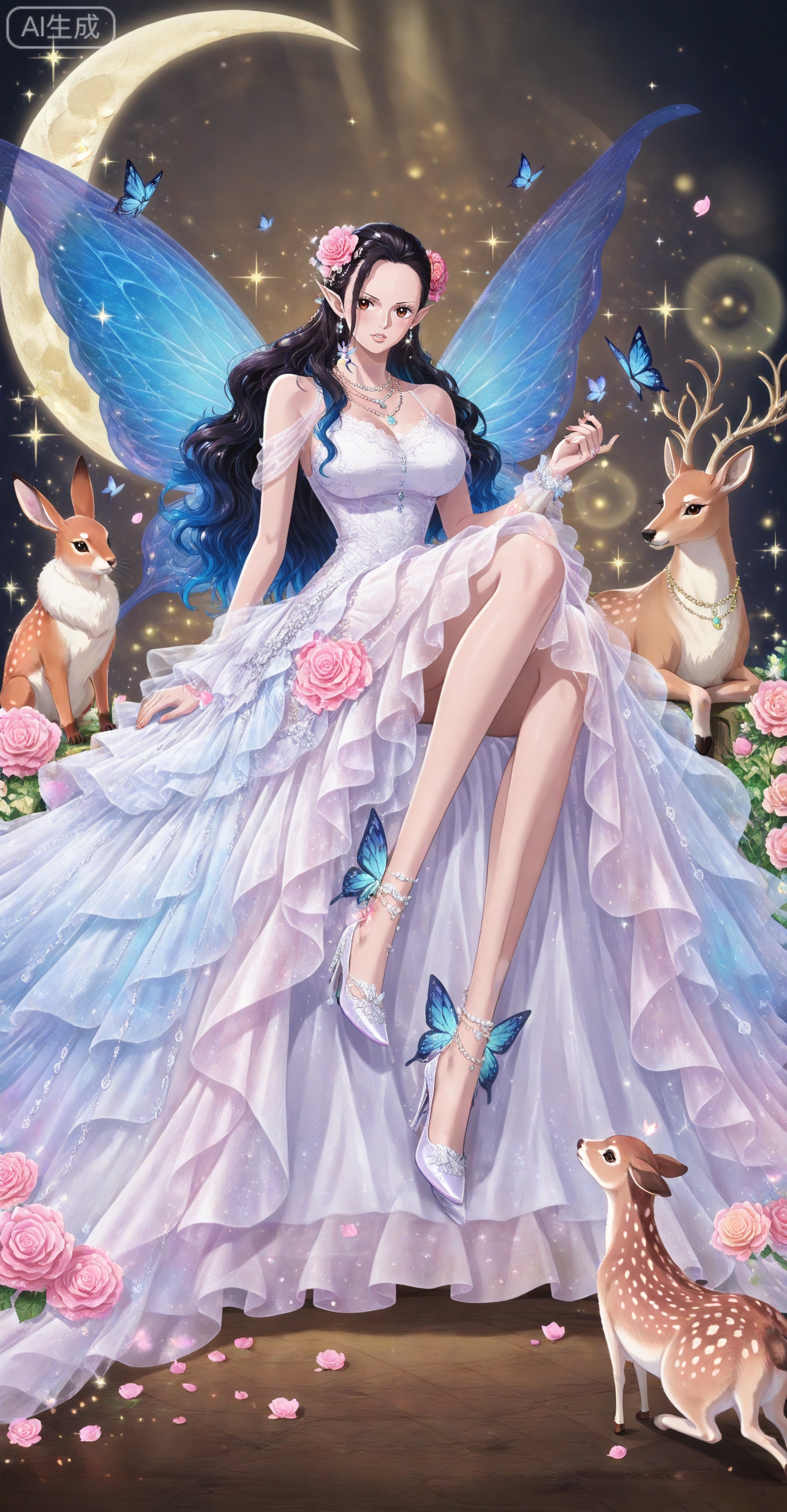 depth of field,masterpiece,best quality,very aesthetic,alternate costume,alternate costume,2024,2023,perfect composition,ultra-detailed,extreme aesthetic,masterpiece,best quality,good quality,newest,year 2024,year 2023,very aesthetic,absurdres,looking_at_viewer,colorful,
Viola one piece,Viola\(one piece\),long hair,jewelry,black hair,hair ornament,necklace,hair flower,earrings,brown eyes,large breasts,
lvjing, 1girl, flower, dress, rabbit, long hair, blue hair, hair ornament, pointy ears, white dress, butterfly, fairy, deer, wings, sitting, rose, bug, hair flower, pink flower, full body, jewelry, sparkle, crescent, high heels, solo, squirrel