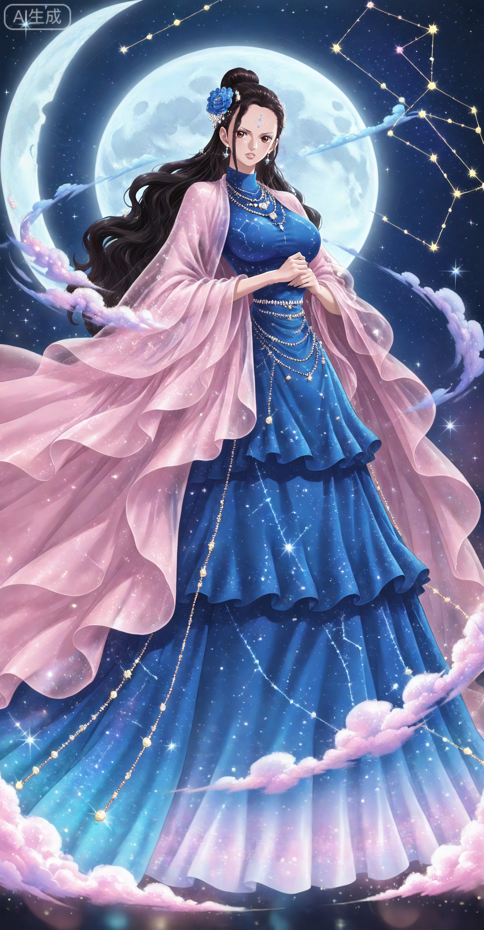 depth of field,masterpiece,best quality,very aesthetic,alternate costume,alternate costume,2024,2023,perfect composition,ultra-detailed,extreme aesthetic,masterpiece,best quality,good quality,newest,year 2024,year 2023,very aesthetic,absurdres,looking_at_viewer,colorful,
Viola one piece,Viola\(one piece\),long hair,jewelry,black hair,hair ornament,necklace,hair flower,earrings,brown eyes,large breasts,
lvjing, 1girl, dress, long hair, solo, hair ornament, full body, blue dress, jewelry, constellation, sparkle, hair bun, facial mark, moon, forehead mark, black hair, earrings