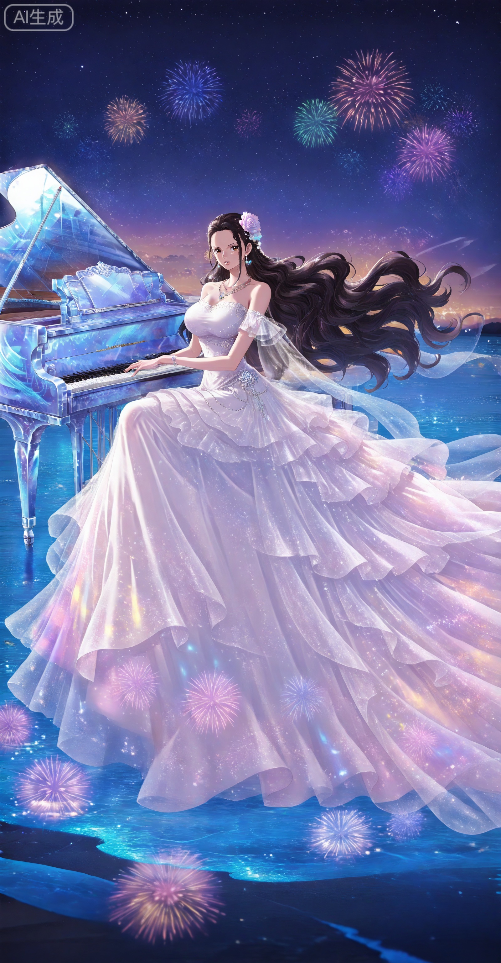 depth of field,masterpiece,best quality,very aesthetic,alternate costume,alternate costume,2024,2023,perfect composition,ultra-detailed,extreme aesthetic,masterpiece,best quality,good quality,newest,year 2024,year 2023,very aesthetic,absurdres,looking_at_viewer,colorful,
Viola one piece,Viola\(one piece\),long hair,jewelry,black hair,hair ornament,necklace,hair flower,earrings,brown eyes,large breasts,
lvjing, 1girl, instrument, piano, long hair, solo, dress, star \(sky\), music, starry sky, sky, playing instrument, very long hair, grand piano, night, night sky, hair ornament, floating hair, fireworks, water, white dress, bare shoulders, reflection, white hair