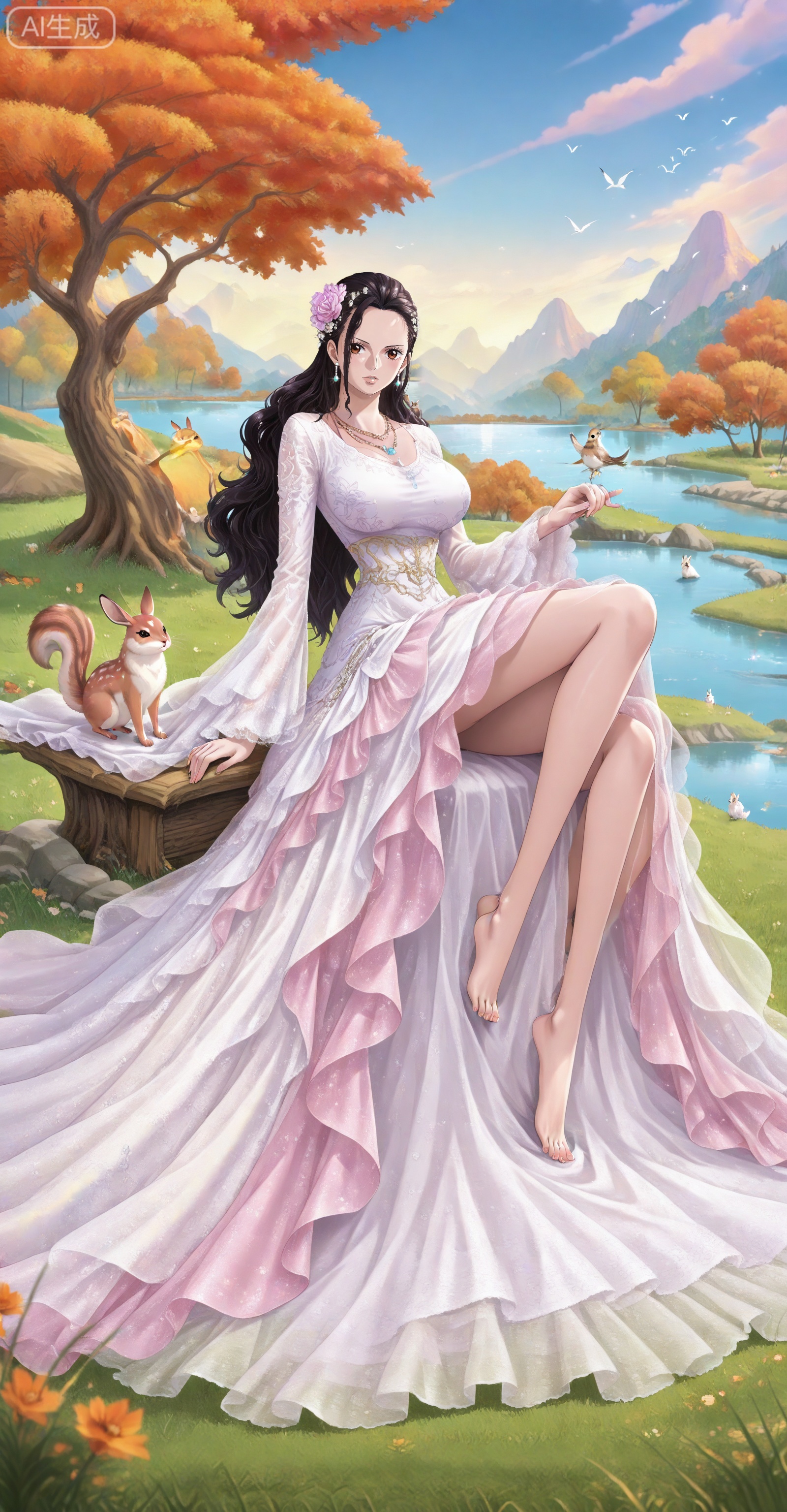 depth of field,masterpiece,best quality,very aesthetic,alternate costume,alternate costume,2024,2023,perfect composition,ultra-detailed,extreme aesthetic,masterpiece,best quality,good quality,newest,year 2024,year 2023,very aesthetic,absurdres,looking_at_viewer,colorful,
Viola one piece,Viola\(one piece\),long hair,jewelry,black hair,hair ornament,necklace,hair flower,earrings,brown eyes,large breasts,
lvjing, 1girl, long hair, deer, tree, dress, hair ornament, white hair, sitting, mountain, flower, solo, outdoors, grass, squirrel, sky, water, jewelry, rabbit, bird, bare legs, white dress, barefoot, lake