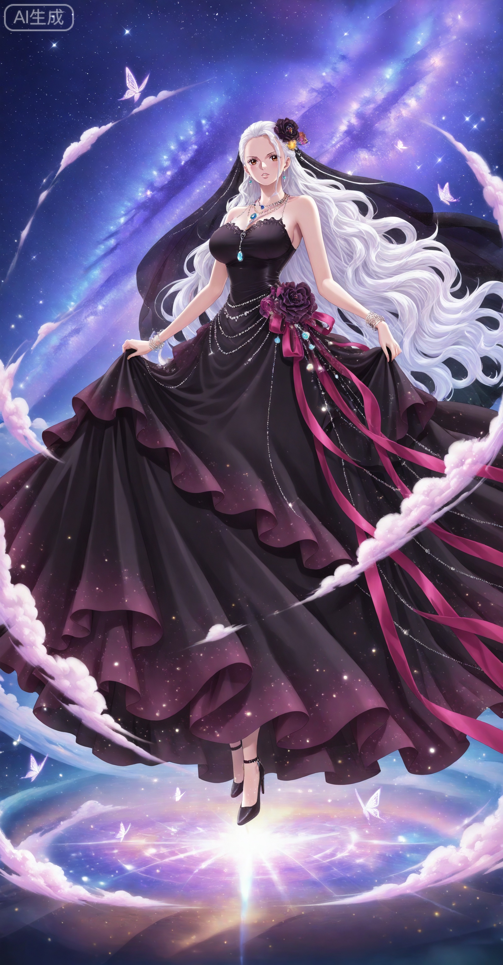 depth of field,masterpiece,best quality,very aesthetic,alternate costume,alternate costume,2024,2023,perfect composition,ultra-detailed,extreme aesthetic,masterpiece,best quality,good quality,newest,year 2024,year 2023,very aesthetic,absurdres,looking_at_viewer,colorful,
Viola one piece,Viola\(one piece\),long hair,jewelry,black hair,hair ornament,necklace,hair flower,earrings,brown eyes,large breasts,
lvjing, 1girl, long hair, dress, solo, butterfly, white hair, bug, black dress, star \(sky\), long dress, veil, full body, very long hair, breasts, skirt hold, bare shoulders, gem, ribbon, starry sky