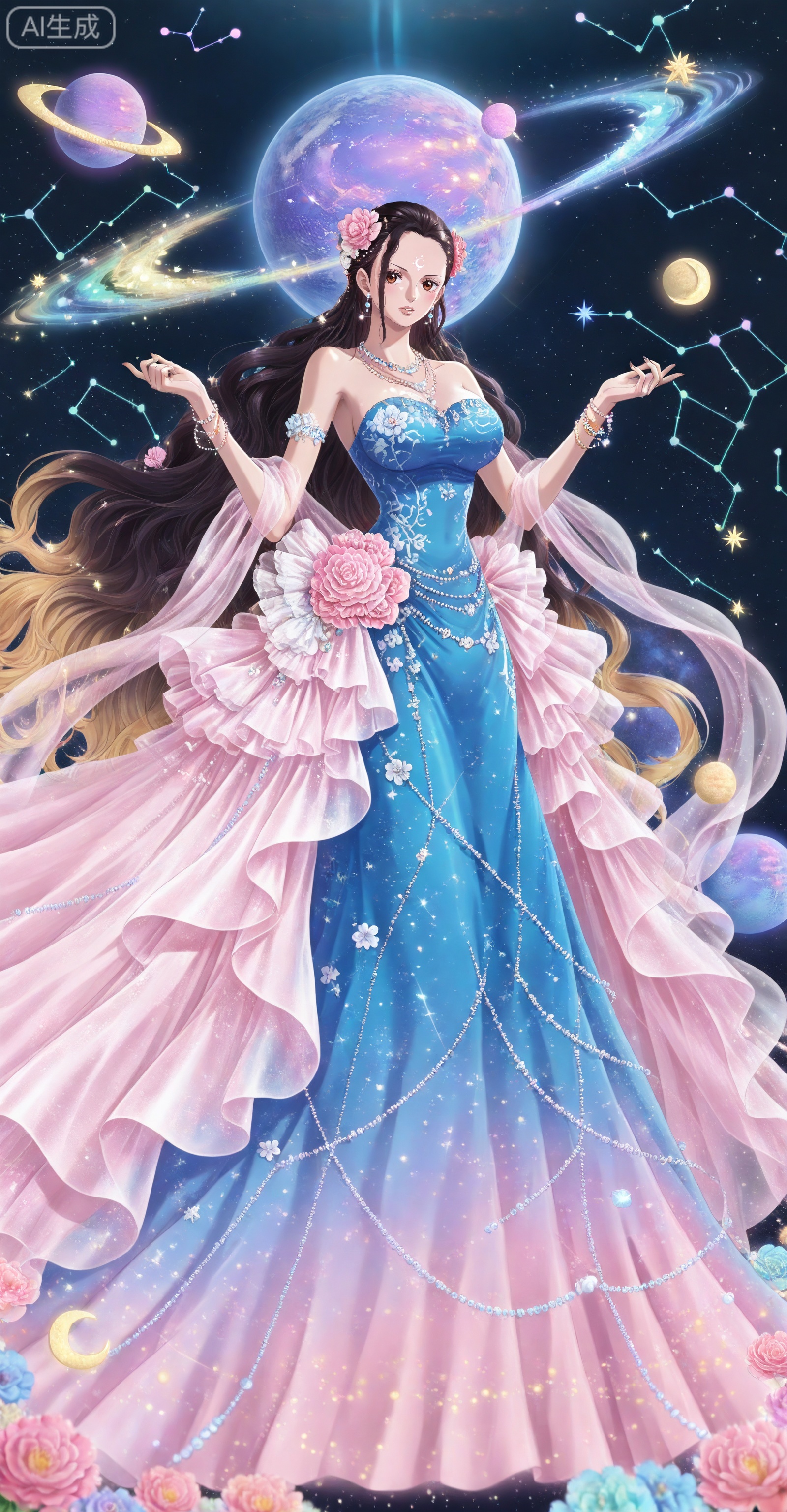 depth of field,masterpiece,best quality,very aesthetic,alternate costume,alternate costume,2024,2023,perfect composition,ultra-detailed,extreme aesthetic,masterpiece,best quality,good quality,newest,year 2024,year 2023,very aesthetic,absurdres,looking_at_viewer,colorful,
Viola one piece,Viola\(one piece\),long hair,jewelry,black hair,hair ornament,necklace,hair flower,earrings,brown eyes,large breasts,
lvjing, 1girl, long hair, flower, dress, jewelry, solo, crescent, planet, necklace, hair ornament, full body, pink flower, forehead mark, earrings, blonde hair, constellation, pink hair, beads, bracelet, hair flower, facial mark, very long hair, white flower, blue dress, dress flower, bare shoulders, crescent facial mark, hair bun, white dress