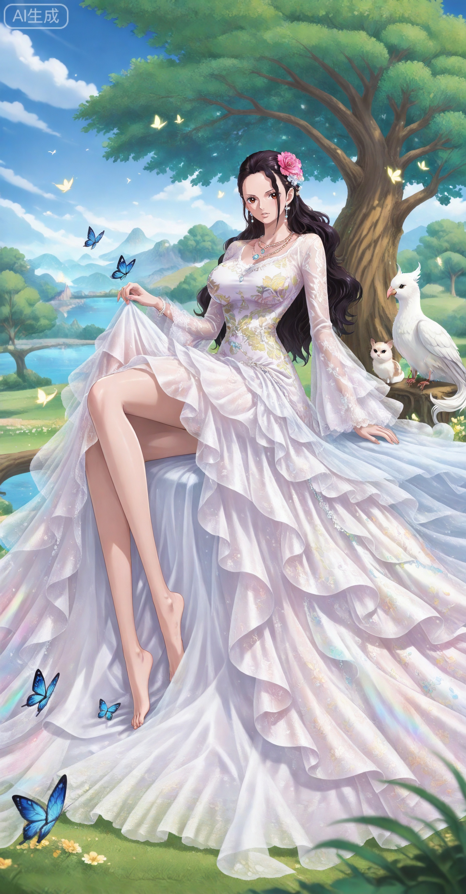 depth of field,masterpiece,best quality,very aesthetic,alternate costume,alternate costume,2024,2023,perfect composition,ultra-detailed,extreme aesthetic,masterpiece,best quality,good quality,newest,year 2024,year 2023,very aesthetic,absurdres,looking_at_viewer,colorful,
Viola one piece,Viola\(one piece\),long hair,jewelry,black hair,hair ornament,necklace,hair flower,earrings,brown eyes,large breasts,
lvjing, 1girl, long hair, hair ornament, dress, flower, jewelry, sky, white hair, bare legs, white dress, butterfly, tree, barefoot, bug, solo, sitting, bird, squirrel