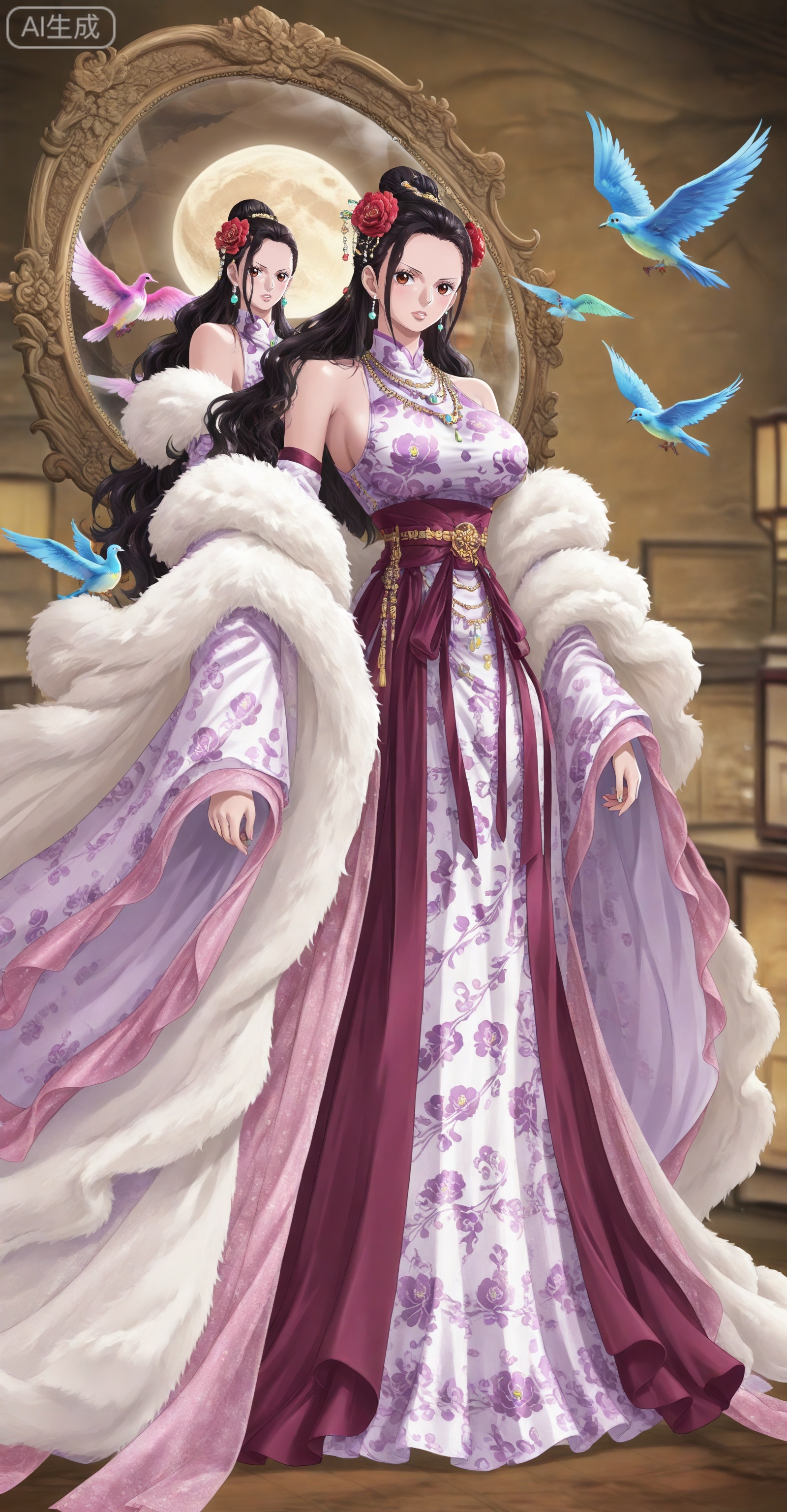 depth of field,masterpiece,best quality,very aesthetic,alternate costume,alternate costume,2024,2023,perfect composition,ultra-detailed,extreme aesthetic,masterpiece,best quality,good quality,newest,year 2024,year 2023,very aesthetic,absurdres,looking_at_viewer,colorful,
Viola one piece,Viola\(one piece\),long hair,jewelry,black hair,hair ornament,necklace,hair flower,earrings,brown eyes,large breasts,
lvjing, 1girl, black hair, solo, bird, dress, hair ornament, jewelry, full body, chinese clothes, earrings, flower, looking at viewer, holding, mirror, standing, hair bun, bare shoulders, moon