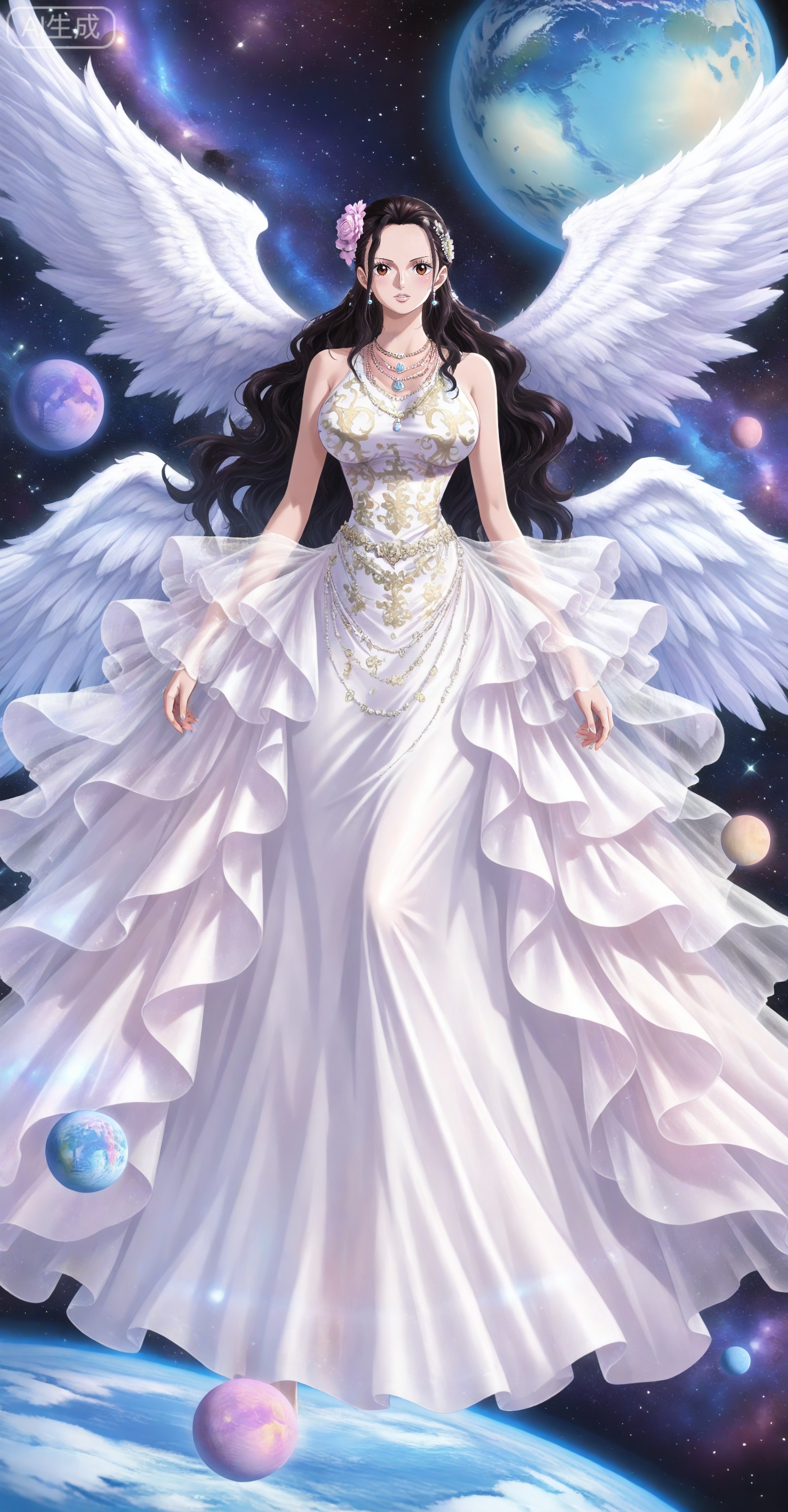 depth of field,masterpiece,best quality,very aesthetic,alternate costume,alternate costume,2024,2023,perfect composition,ultra-detailed,extreme aesthetic,masterpiece,best quality,good quality,newest,year 2024,year 2023,very aesthetic,absurdres,looking_at_viewer,colorful,
Viola one piece,Viola\(one piece\),long hair,jewelry,black hair,hair ornament,necklace,hair flower,earrings,brown eyes,large breasts,
lvjing, 1girl, long hair, white hair, solo, planet, dress, wings, space, star \(sky\), white dress, moon, hair ornament, full body, angel wings, earth \(planet\)