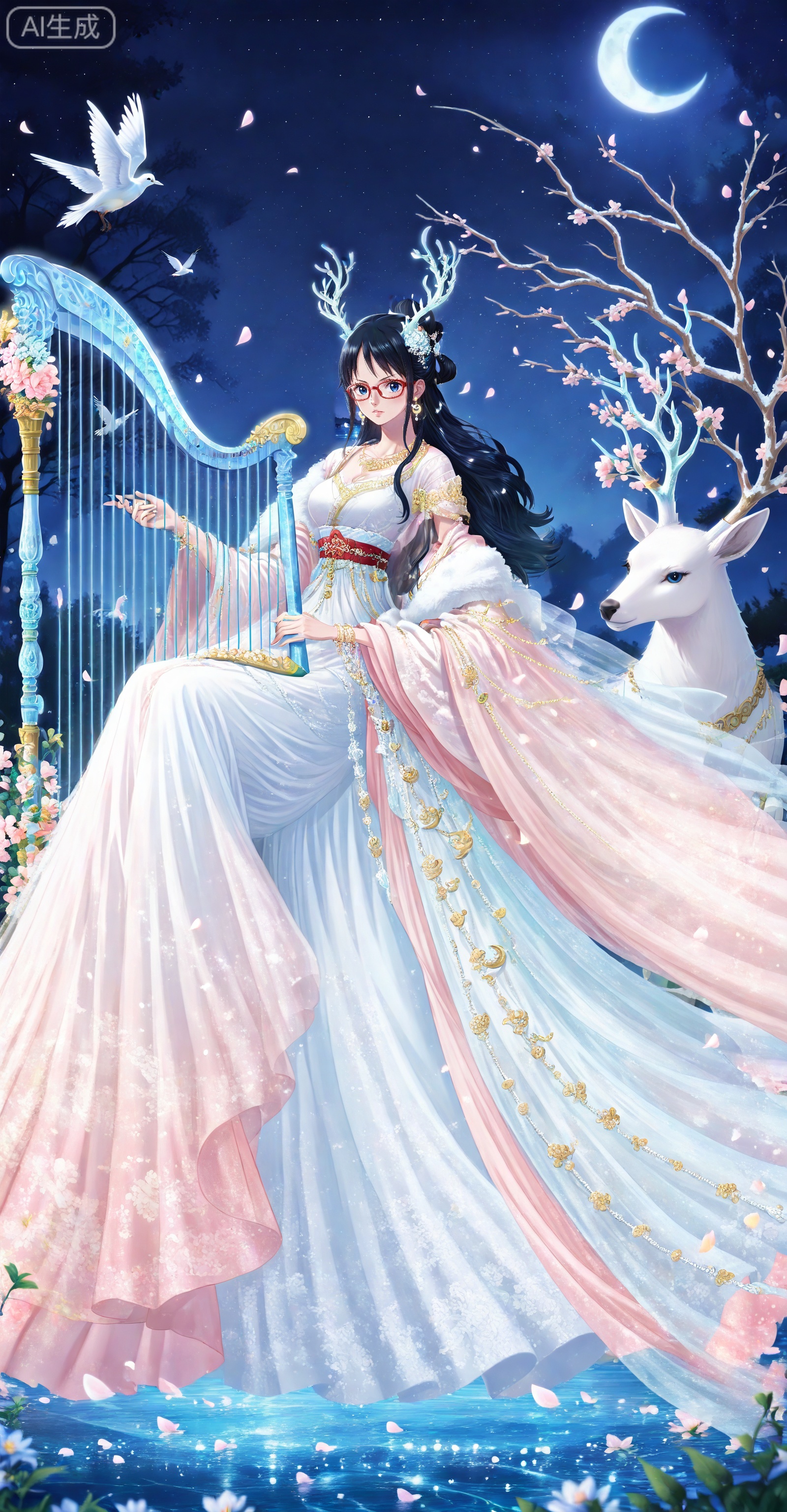 depth of field,masterpiece,best quality,very aesthetic,alternate costume,alternate costume,2024,2023,perfect composition,ultra-detailed,extreme aesthetic,masterpiece,best quality,good quality,newest,year 2024,year 2023,very aesthetic,absurdres,looking_at_viewer,colorful,
Tashigi one piece,Tashigi\(one piece\),black hair,glasses,long hair,red-framed eyewear,hair_bun,
lvjing, 1girl, dress, moon, long hair, night, deer, white hair, white dress, solo, crescent moon, sky, jewelry, horns, night sky, harp, hair ornament, branch, falling petals, tree, earrings, blue eyes, full body, antlers, bird, flower, water