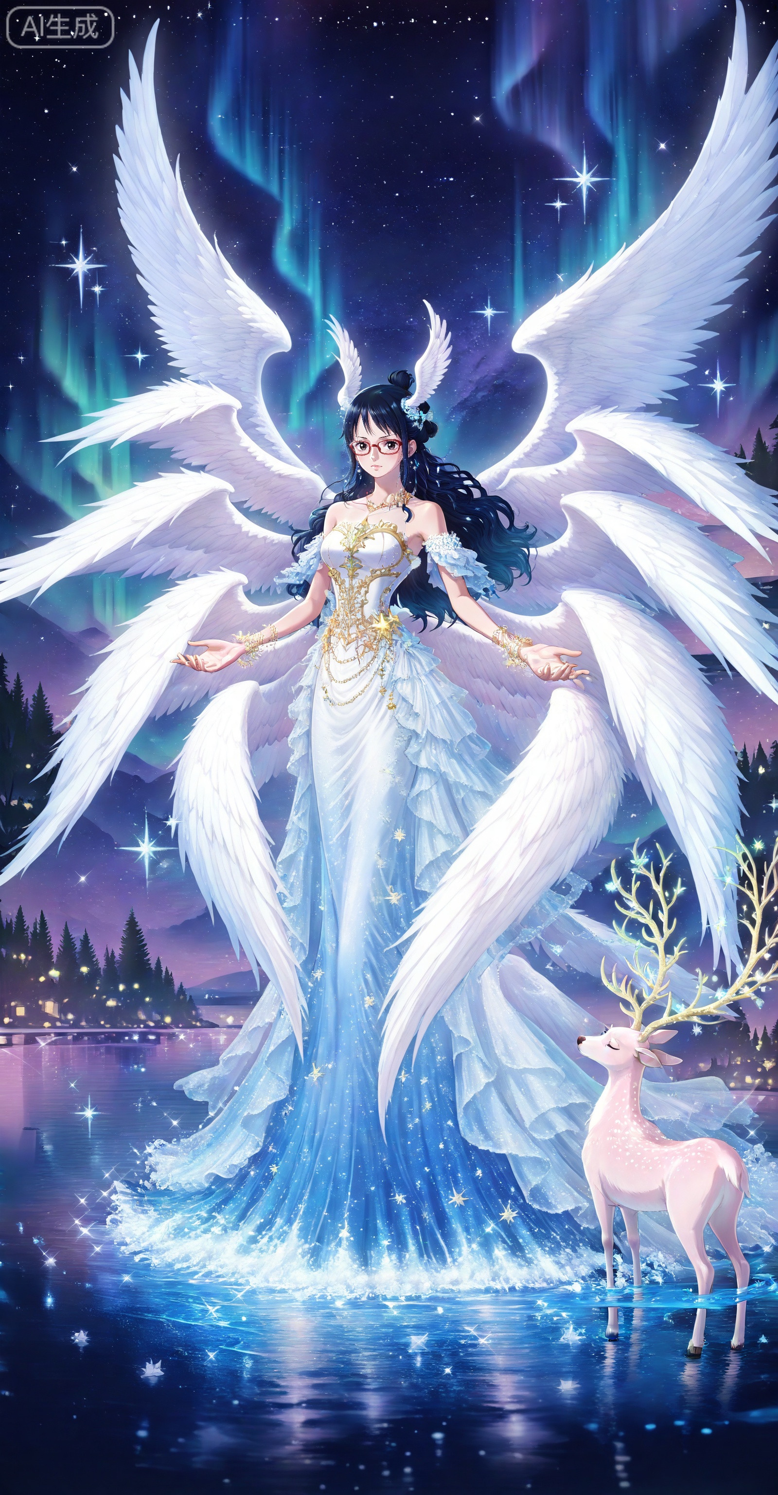 depth of field,masterpiece,best quality,very aesthetic,alternate costume,alternate costume,2024,2023,perfect composition,ultra-detailed,extreme aesthetic,masterpiece,best quality,good quality,newest,year 2024,year 2023,very aesthetic,absurdres,looking_at_viewer,colorful,
Tashigi one piece,Tashigi\(one piece\),black hair,glasses,long hair,red-framed eyewear,hair_bun,
lvjing, 1girl, wings, multiple wings, star \(sky\), long hair, blue hair, solo, dress, antlers, horns, starry sky, sky, deer, sparkle, feathered wings, water, white wings, angel wings, closed eyes, star \(symbol\), tree, bare shoulders, white dress, night, full body, head wings, aurora, night sky