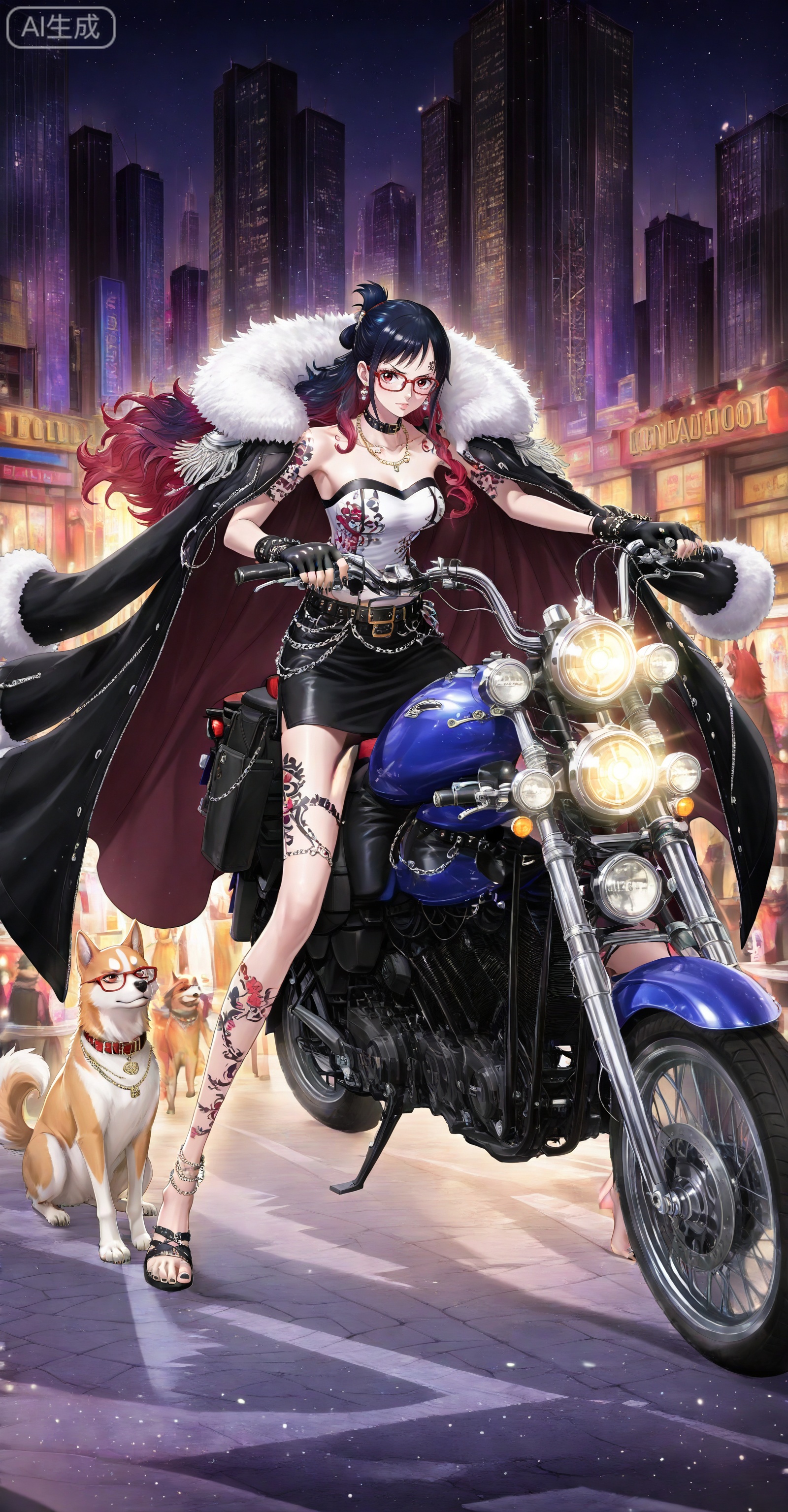 depth of field,masterpiece,best quality,very aesthetic,alternate costume,alternate costume,2024,2023,perfect composition,ultra-detailed,extreme aesthetic,masterpiece,best quality,good quality,newest,year 2024,year 2023,very aesthetic,absurdres,looking_at_viewer,colorful,
Tashigi one piece,Tashigi\(one piece\),black hair,glasses,long hair,red-framed eyewear,hair_bun,
lvjing, 1girl, motorcycle, long hair, motor vehicle, red hair, jewelry, gloves, chain, fingerless gloves, breasts, dog, skirt, black skirt, black nails, nail polish, toenail polish, solo, looking at viewer, night, earrings, barefoot, fur trim, jacket, toenails, cat, collar, full body, necklace, strapless, pink hair, coat, holding, belt, black gloves, choker, tattoo, black jacket, red eyes, city, toes