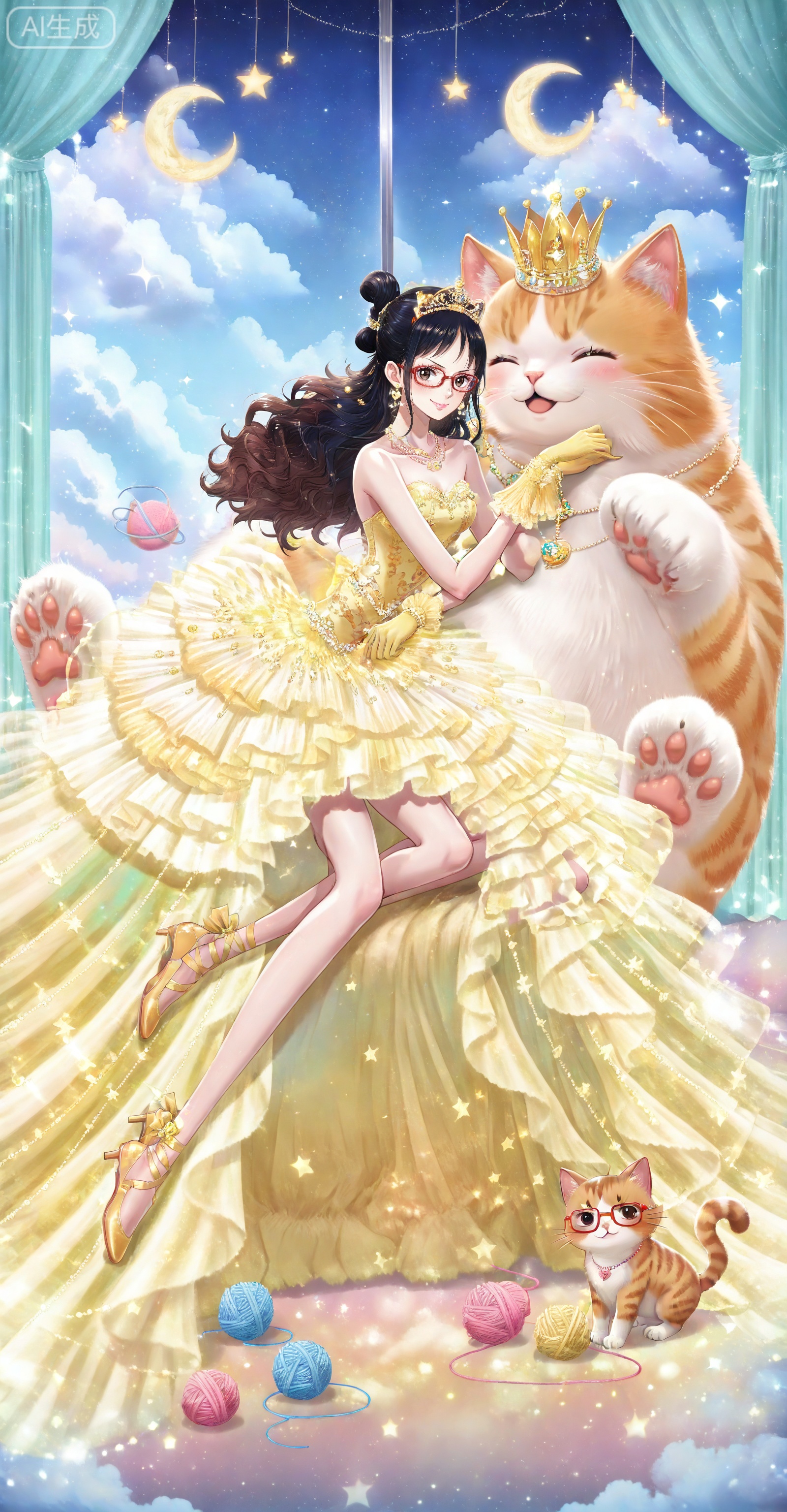 depth of field,masterpiece,best quality,very aesthetic,alternate costume,alternate costume,2024,2023,perfect composition,ultra-detailed,extreme aesthetic,masterpiece,best quality,good quality,newest,year 2024,year 2023,very aesthetic,absurdres,looking_at_viewer,colorful,
Tashigi one piece,Tashigi\(one piece\),black hair,glasses,long hair,red-framed eyewear,hair_bun,
lvjing, cat, 1girl, dress, crown, closed eyes, jewelry, gloves, brown hair, animal, star \(symbol\), crescent moon, crescent, yellow footwear, yarn, necklace, high heels, earrings, moon, sky, yarn ball, bare shoulders, sparkle, cloud, makeup, ballerina, tutu, smile, tiara, yellow gloves, yellow dress, hair bun, full body, curtains, ballet slippers, strapless, strapless dress