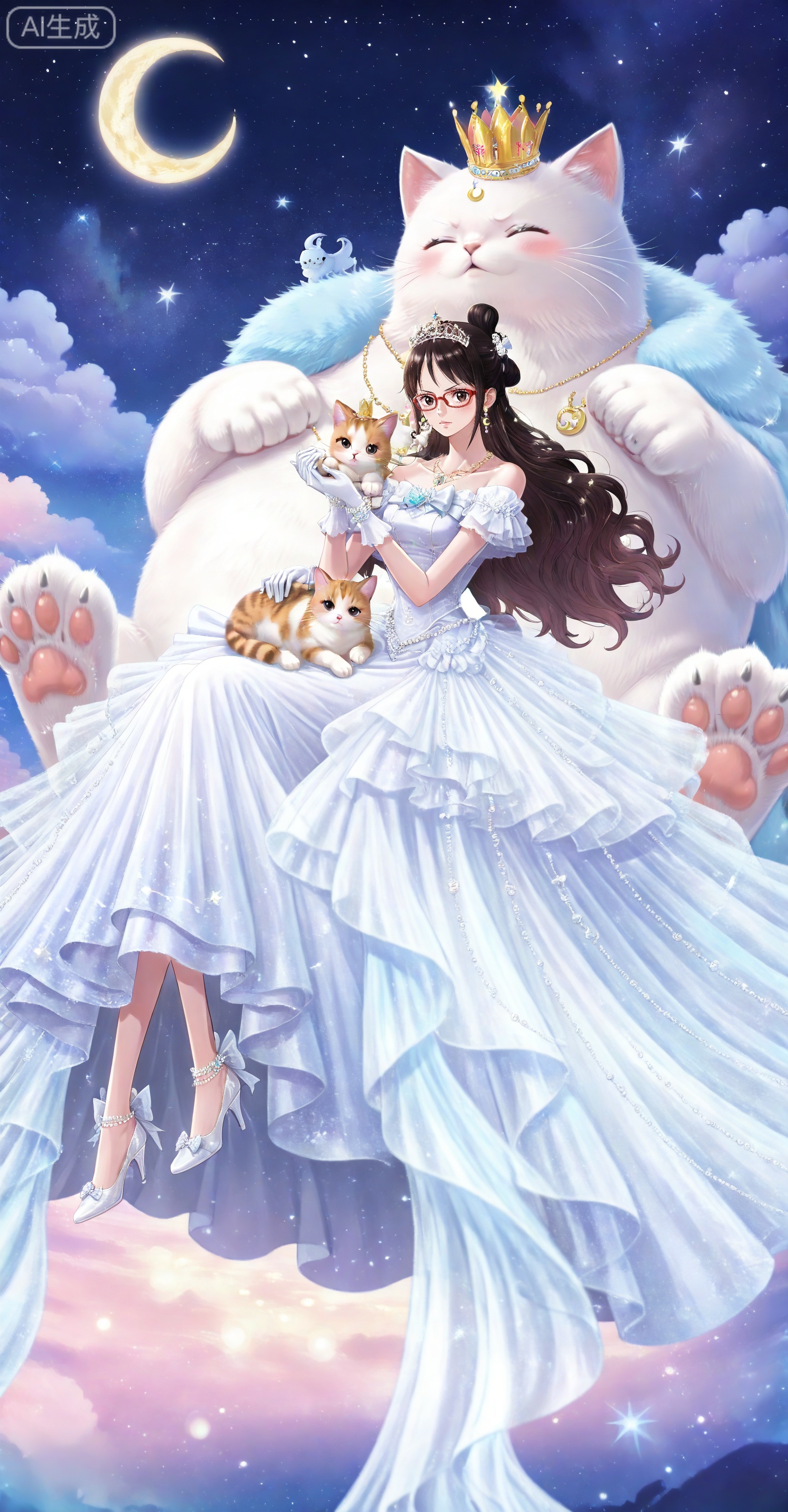 depth of field,masterpiece,best quality,very aesthetic,alternate costume,alternate costume,2024,2023,perfect composition,ultra-detailed,extreme aesthetic,masterpiece,best quality,good quality,newest,year 2024,year 2023,very aesthetic,absurdres,looking_at_viewer,colorful,
Tashigi one piece,Tashigi\(one piece\),black hair,glasses,long hair,red-framed eyewear,hair_bun,
lvjing, 1girl, dress, cat, moon, crown, white dress, crescent moon, jewelry, tiara, high heels, animal, hair bun, gloves, necklace, sky, star \(sky\), bow, white footwear, white gloves, full body, holding, halo, brown hair, holding animal, heart, crescent, hair ornament, closed eyes, earrings, star \(symbol\)