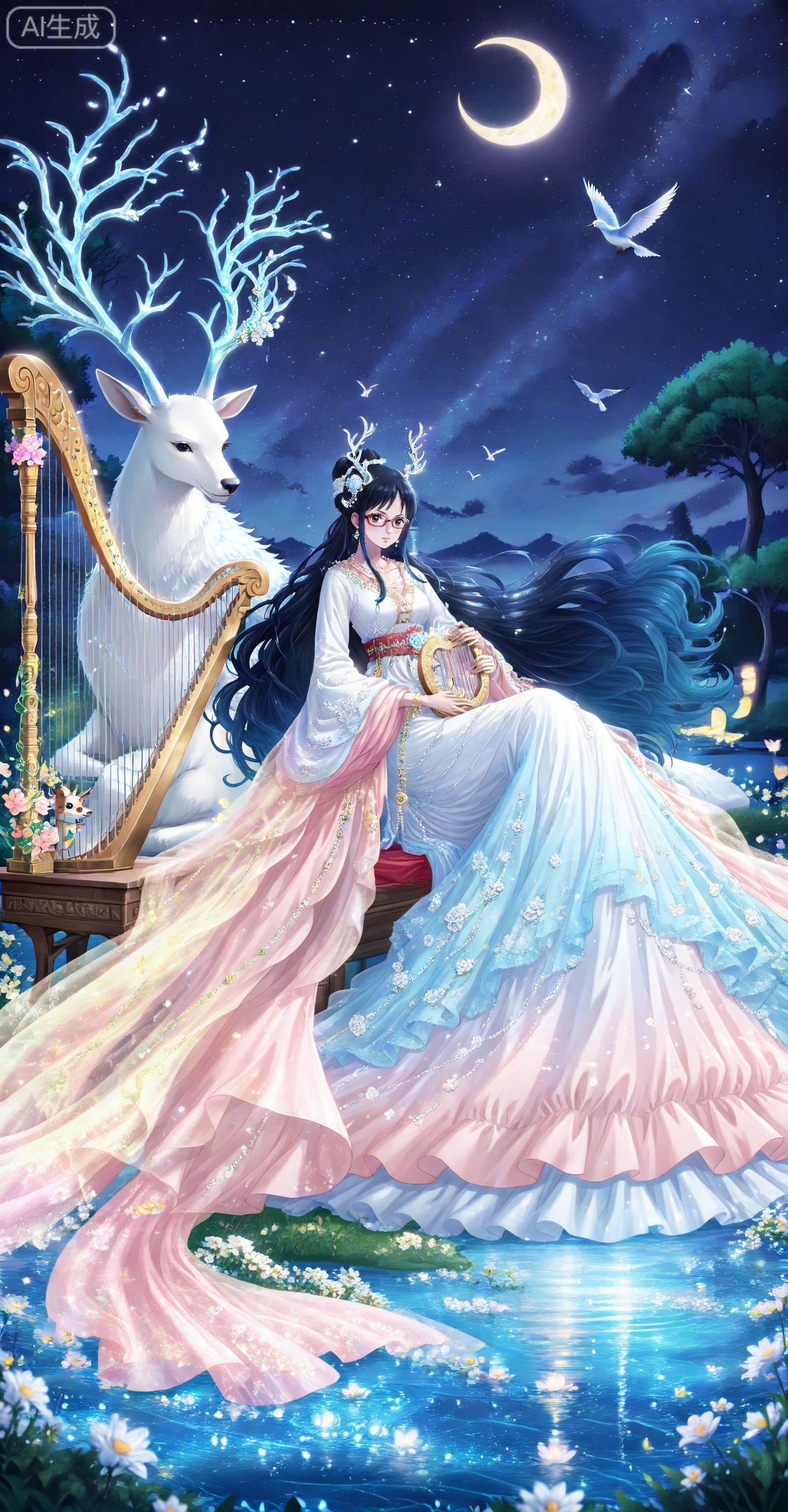 depth of field,masterpiece,best quality,very aesthetic,alternate costume,alternate costume,2024,2023,perfect composition,ultra-detailed,extreme aesthetic,masterpiece,best quality,good quality,newest,year 2024,year 2023,very aesthetic,absurdres,looking_at_viewer,colorful,
Tashigi one piece,Tashigi\(one piece\),black hair,glasses,long hair,red-framed eyewear,hair_bun,
lvjing, 1girl, deer, crescent moon, moon, dress, long hair, night, white dress, harp, sitting, solo, antlers, flower, sky, tree, horns, instrument, white hair, night sky, star \(sky\), water, long dress, music, animal, blue hair, outdoors, hair ornament, bird, starry sky, long sleeves, jewelry, white flower, crescent, very long hair