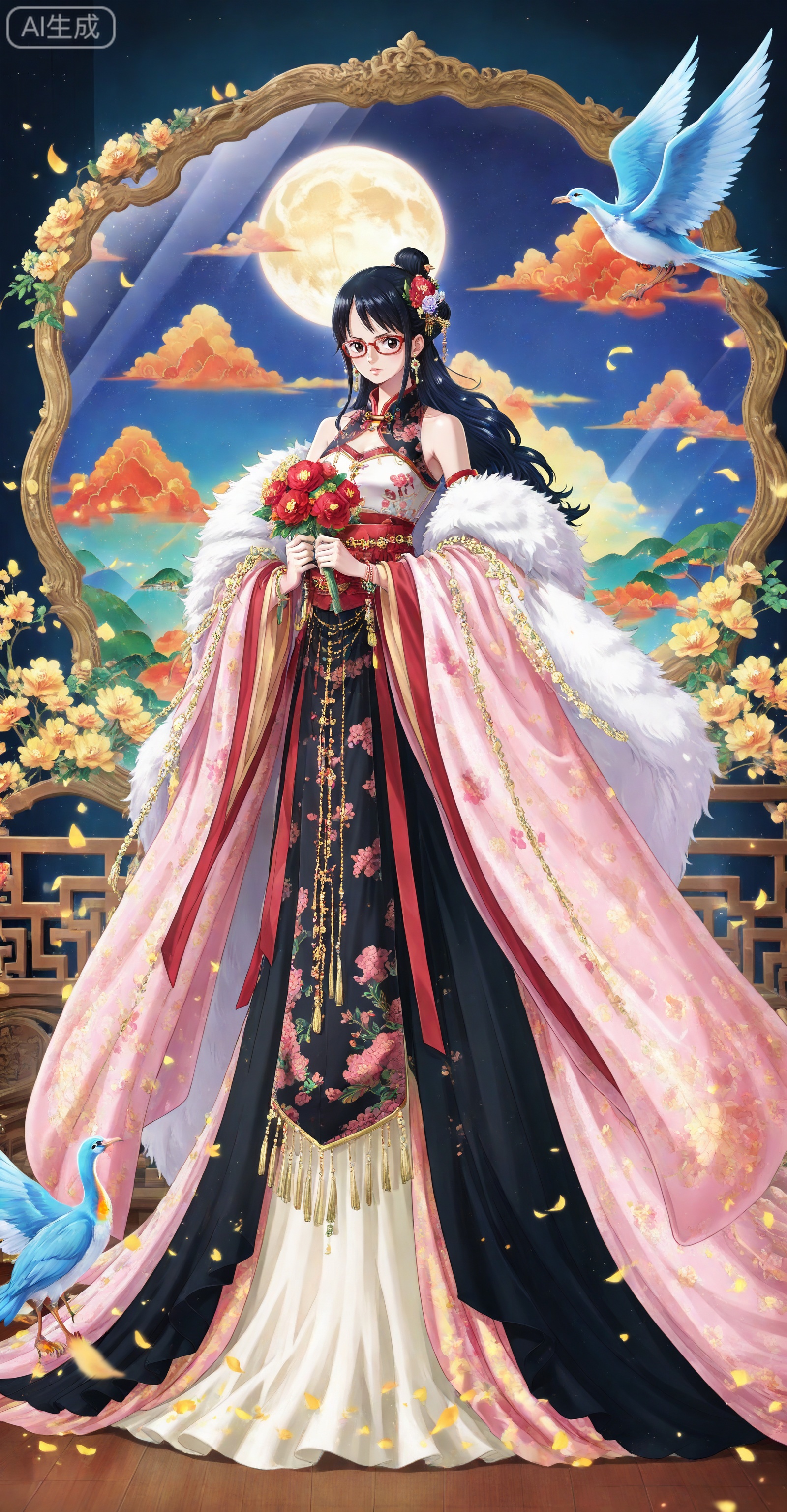 depth of field,masterpiece,best quality,very aesthetic,alternate costume,alternate costume,2024,2023,perfect composition,ultra-detailed,extreme aesthetic,masterpiece,best quality,good quality,newest,year 2024,year 2023,very aesthetic,absurdres,looking_at_viewer,colorful,
Tashigi one piece,Tashigi\(one piece\),black hair,glasses,long hair,red-framed eyewear,hair_bun,
lvjing, 1girl, black hair, solo, bird, dress, hair ornament, jewelry, full body, chinese clothes, earrings, flower, looking at viewer, holding, mirror, standing, hair bun, bare shoulders, moon