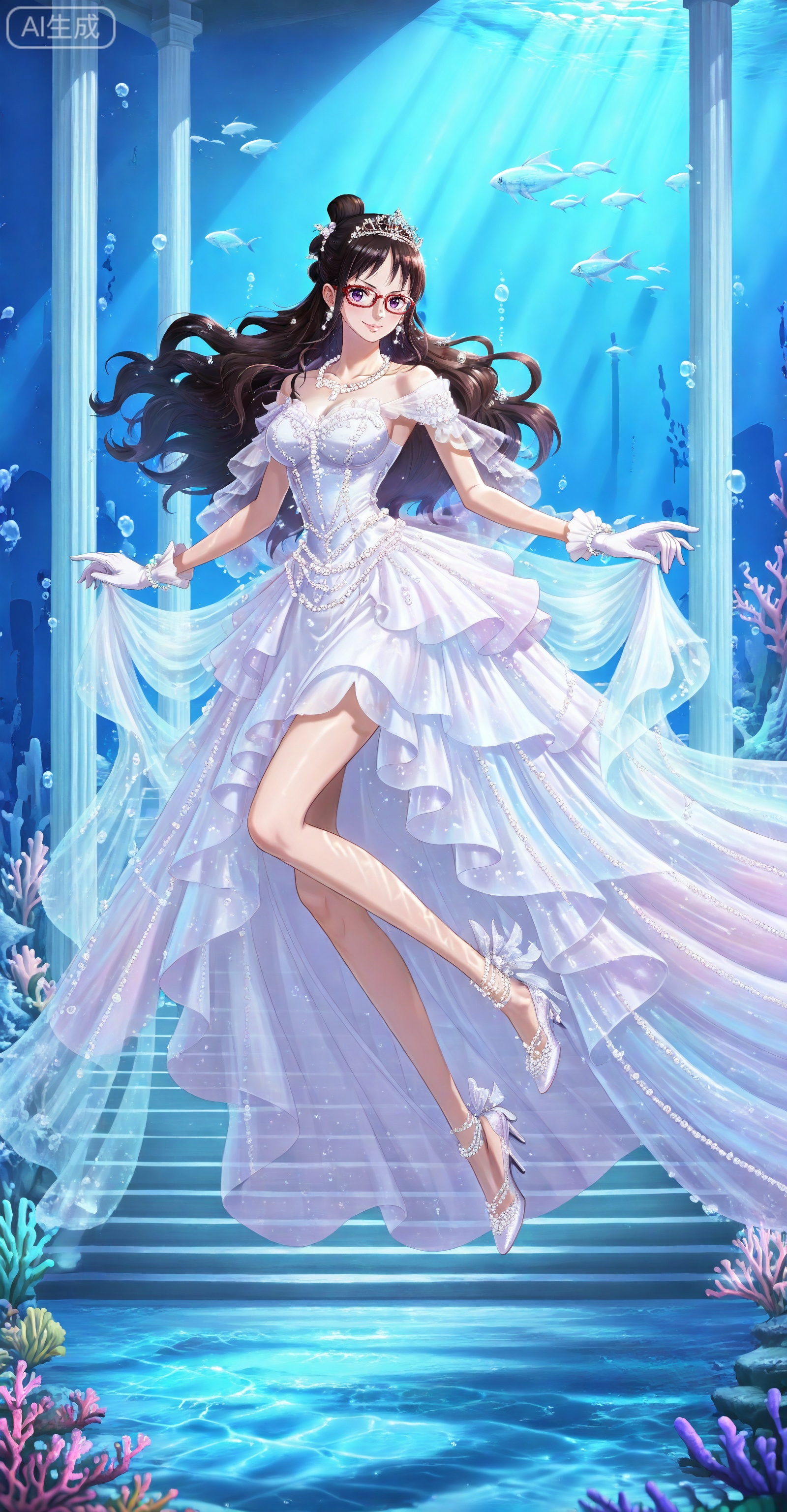 depth of field,masterpiece,best quality,very aesthetic,alternate costume,alternate costume,2024,2023,perfect composition,ultra-detailed,extreme aesthetic,masterpiece,best quality,good quality,newest,year 2024,year 2023,very aesthetic,absurdres,looking_at_viewer,colorful,
Tashigi one piece,Tashigi\(one piece\),black hair,glasses,long hair,red-framed eyewear,hair_bun,
lvjing, 1girl, long hair, dress, solo, brown hair, tiara, coral, jewelry, stairs, gloves, hair ornament, underwater, white gloves, pillar, earrings, breasts, full body, high heels, necklace, white dress, pearl \(gemstone\), fish, looking at viewer, purple eyes, smile