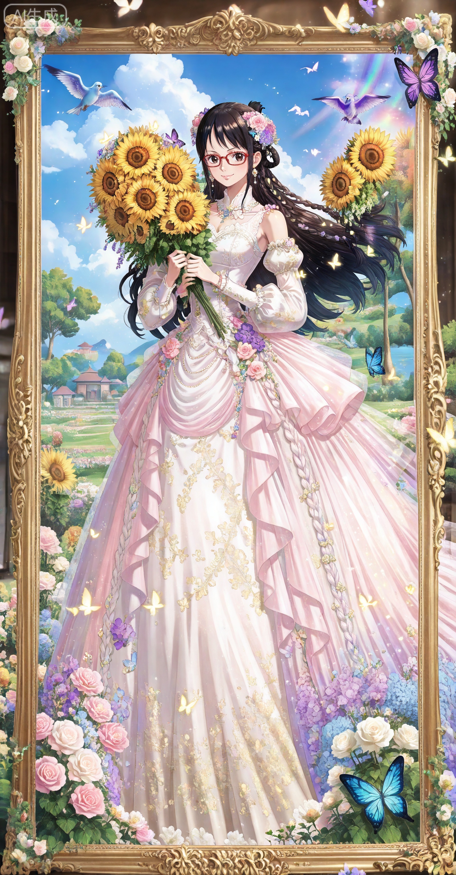 depth of field,masterpiece,best quality,very aesthetic,alternate costume,alternate costume,2024,2023,perfect composition,ultra-detailed,extreme aesthetic,masterpiece,best quality,good quality,newest,year 2024,year 2023,very aesthetic,absurdres,looking_at_viewer,colorful,
Tashigi one piece,Tashigi\(one piece\),black hair,glasses,long hair,red-framed eyewear,hair_bun,
lvjing, 1girl, flower, butterfly, dress, bug, sunflower, long hair, solo, holding, white dress, hair ornament, purple flower, yellow flower, brown hair, blue butterfly, jewelry, earrings, full body, pink flower, rainbow, hair flower, bird, holding bouquet, rose, holding flower, tree, pink rose, white flower, purple butterfly, bouquet, braid, cloud, sky, looking at viewer, outdoors, smile, long sleeves, picture frame, puffy sleeves, long dress, blue flower, detached sleeves, white rose