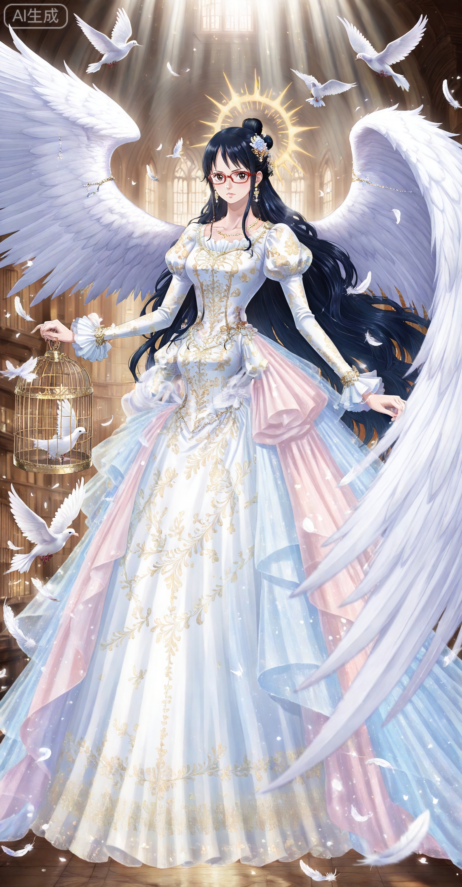 depth of field,masterpiece,best quality,very aesthetic,alternate costume,alternate costume,2024,2023,perfect composition,ultra-detailed,extreme aesthetic,masterpiece,best quality,good quality,newest,year 2024,year 2023,very aesthetic,absurdres,looking_at_viewer,colorful,
Tashigi one piece,Tashigi\(one piece\),black hair,glasses,long hair,red-framed eyewear,hair_bun,
lvjing, long hair, dress, wings, blonde hair, cage, angel wings, birdcage, 1girl, white dress, bird, white wings, jewelry, feathered wings, dove, very long hair, earrings, long sleeves, angel, looking at viewer, puffy sleeves, halo, feathers, full body, solo, light rays, long dress, hair ornament, holding