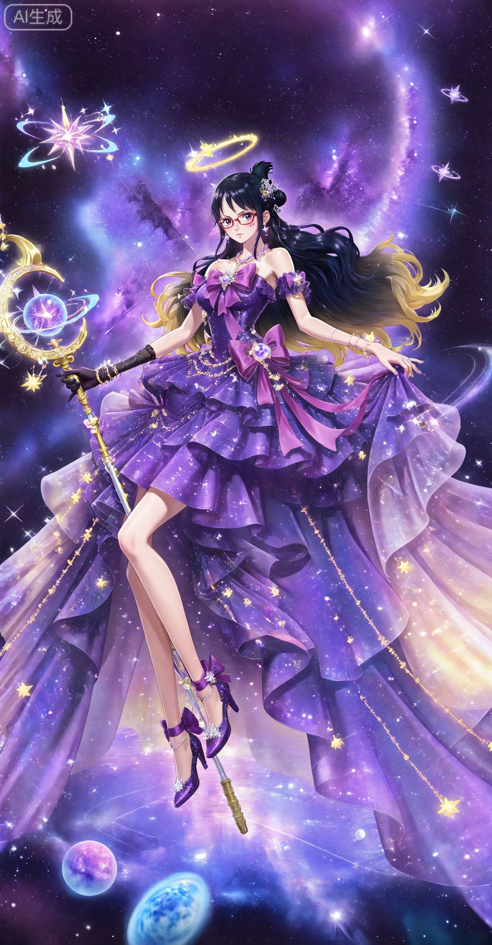 depth of field,masterpiece,best quality,very aesthetic,alternate costume,alternate costume,2024,2023,perfect composition,ultra-detailed,extreme aesthetic,masterpiece,best quality,good quality,newest,year 2024,year 2023,very aesthetic,absurdres,looking_at_viewer,colorful,
Tashigi one piece,Tashigi\(one piece\),black hair,glasses,long hair,red-framed eyewear,hair_bun,
lvjing, 1girl, dress, long hair, solo, blonde hair, holding, star \(sky\), purple dress, purple eyes, full body, constellation, high heels, gloves, planet, jewelry, sparkle, purple ribbon, space, looking at viewer, orb, star \(symbol\), bare shoulders, weapon, starry sky, halo, ribbon, sky, bow, purple bow, single glove, facial mark, purple theme, hair ornament, earrings, staff, breasts