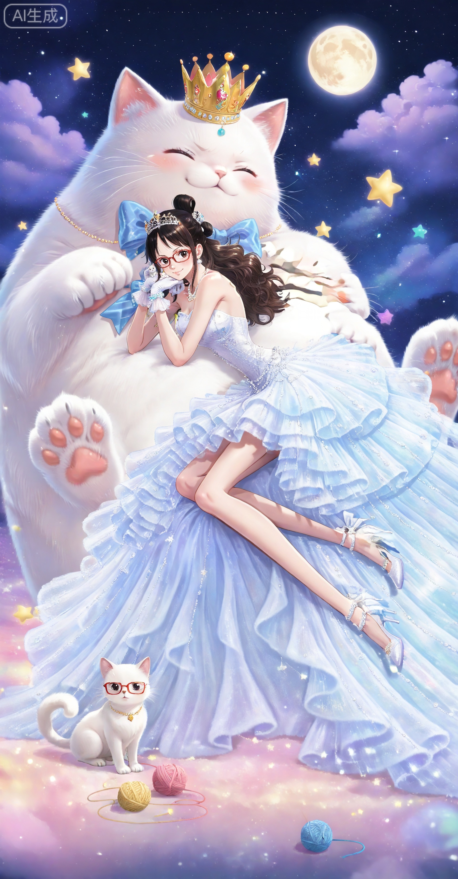 depth of field,masterpiece,best quality,very aesthetic,alternate costume,alternate costume,2024,2023,perfect composition,ultra-detailed,extreme aesthetic,masterpiece,best quality,good quality,newest,year 2024,year 2023,very aesthetic,absurdres,looking_at_viewer,colorful,
Tashigi one piece,Tashigi\(one piece\),black hair,glasses,long hair,red-framed eyewear,hair_bun,
lvjing, 1girl, cat, dress, yarn, yarn ball, brown hair, high heels, crown, gloves, white gloves, tiara, animal, jewelry, closed eyes, white dress, whiskers, bow, star \(sky\), star \(symbol\), oversized animal, moon, strapless dress, sky, earrings, bare shoulders, white cat, full body, white footwear, hair bun, smile, strapless