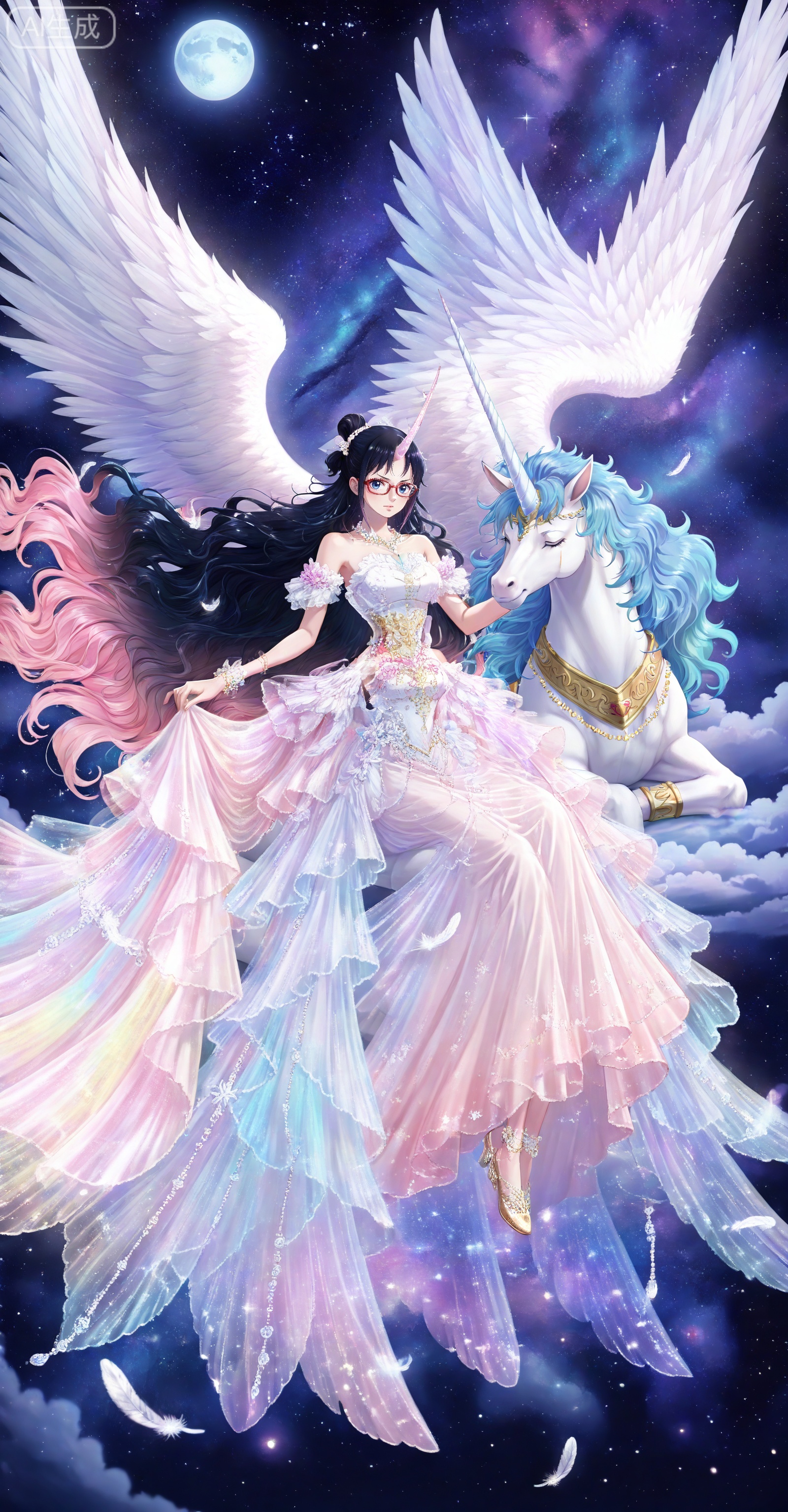 depth of field,masterpiece,best quality,very aesthetic,alternate costume,alternate costume,2024,2023,perfect composition,ultra-detailed,extreme aesthetic,masterpiece,best quality,good quality,newest,year 2024,year 2023,very aesthetic,absurdres,looking_at_viewer,colorful,
Tashigi one piece,Tashigi\(one piece\),black hair,glasses,long hair,red-framed eyewear,hair_bun,
lvjing, pegasus, long hair, star \(sky\), wings, 1girl, solo,unicorn, dress, moon, pink hair, starry sky, sky, single horn, feathered wings, horns, feathers, closed eyes, night sky, night, white dress, very long hair, blue eyes, full moon, white wings, bare shoulders