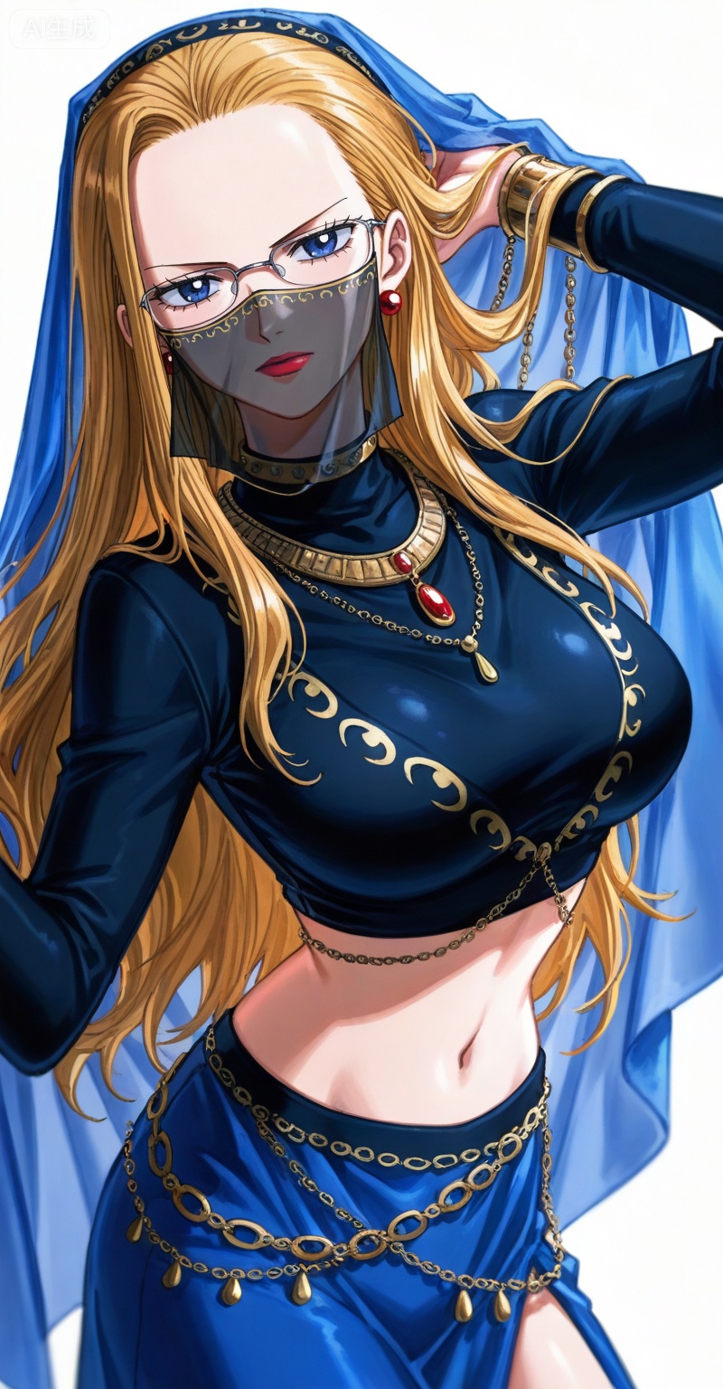 depth of field,masterpiece,best quality,very aesthetic,alternate costume,alternate costume,2024,2023,perfect composition,ultra-detailed,extreme aesthetic,(quasarcake:0.7),masterpiece,best quality,good quality,newest,year 2024,year 2023,very aesthetic,absurdres,looking_at_viewer,colorful,
Kalifa one piece,Kalifa\(one piece\),1girl,solo,blonde hair,long hair,glasses,jewelry,earrings,blue eyes,lipstick,large breasts,retro artstyle,
1girl,solo,veil,long hair,chain,mouth veil,jewelry,looking at viewer,necklace,arabian clothes,crop_top,skirt,harem outfit,25,simple background,white_background,collar top,
