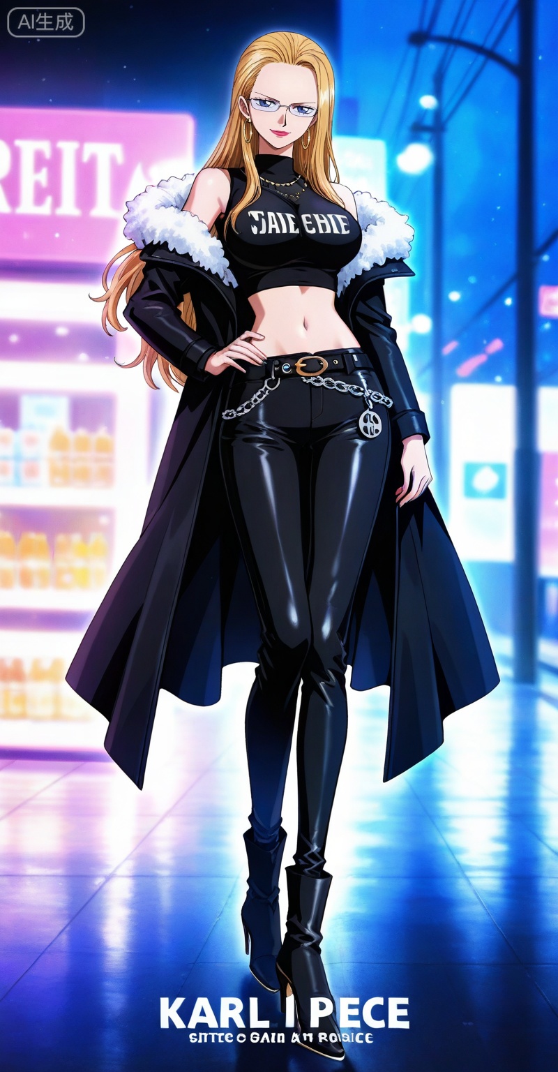 depth of field,masterpiece,best quality,very aesthetic,alternate costume,alternate costume,2024,2023,perfect composition,ultra-detailed,extreme aesthetic,(quasarcake:0.7),masterpiece,best quality,good quality,newest,year 2024,year 2023,very aesthetic,absurdres,looking_at_viewer,colorful,
Kalifa one piece,Kalifa\(one piece\),1girl,solo,blonde hair,long hair,glasses,jewelry,earrings,blue eyes,lipstick,large breasts,retro artstyle,
1girl,solo,breasts,jewelry,earrings,pants,fur trim,boots,jacket,midriff,full body,high heels,crop top,belt,leather,black pants,large breasts,standing,leather pants,navel,looking at viewer,character name,**** top,english text,smile,copyright name,black footwear,off shoulder,hoop earrings,closed mouth,black jacket,coat,fur-trimmed jacket,chain,high heel boots,
