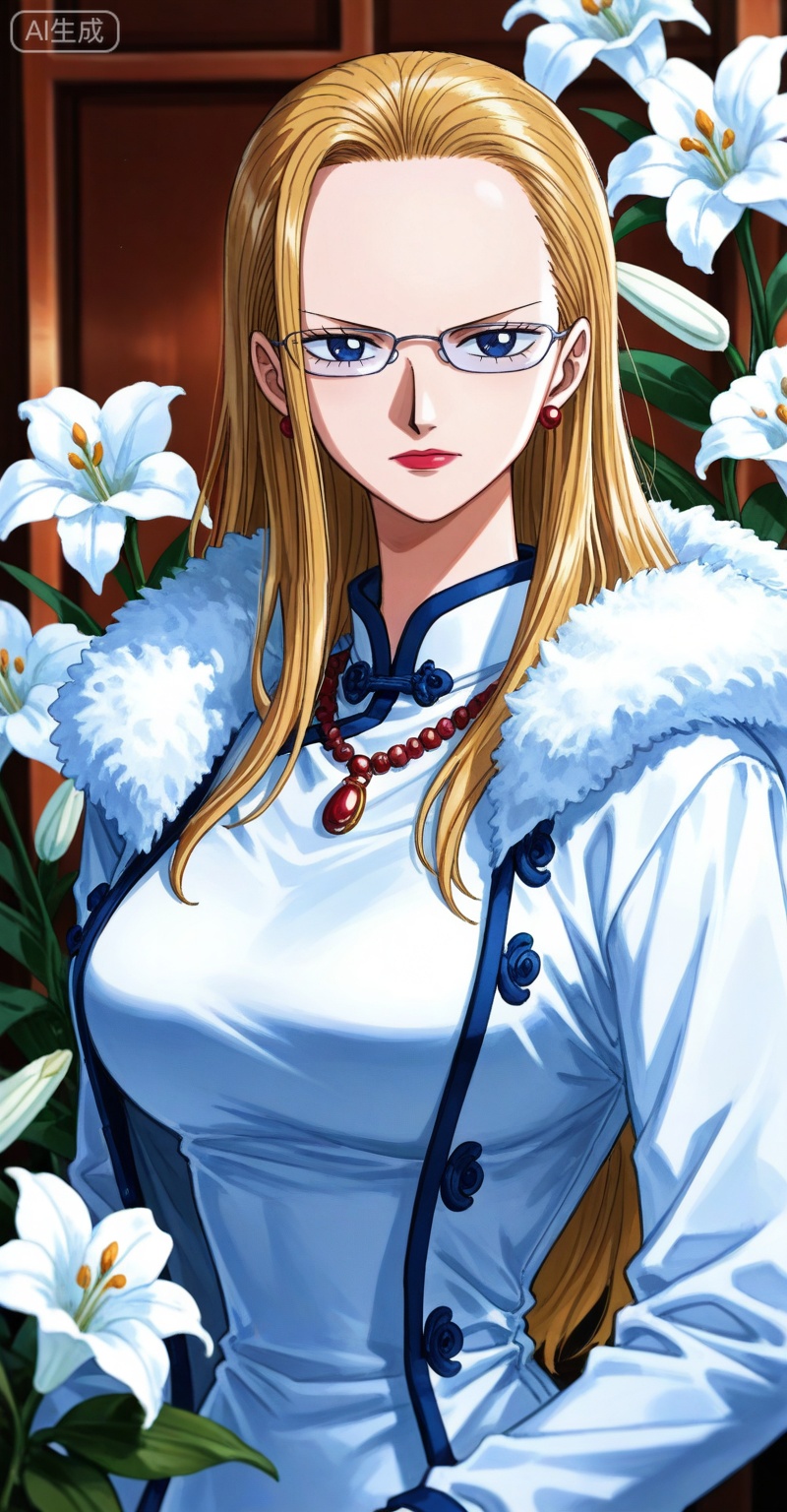 depth of field,masterpiece,best quality,very aesthetic,alternate costume,alternate costume,2024,2023,perfect composition,ultra-detailed,extreme aesthetic,(quasarcake:0.7),masterpiece,best quality,good quality,newest,year 2024,year 2023,very aesthetic,absurdres,looking_at_viewer,colorful,
Kalifa one piece,Kalifa\(one piece\),1girl,solo,blonde hair,long hair,glasses,jewelry,earrings,blue eyes,lipstick,large breasts,retro artstyle,
1girl,solo,
flower,jewelry,earrings,white flower,looking at viewer,lily \(flower\),shirt,upper body,chinese clothes,white shirt,necklace,fur trim,closed mouth,long sleeves,jacket,
