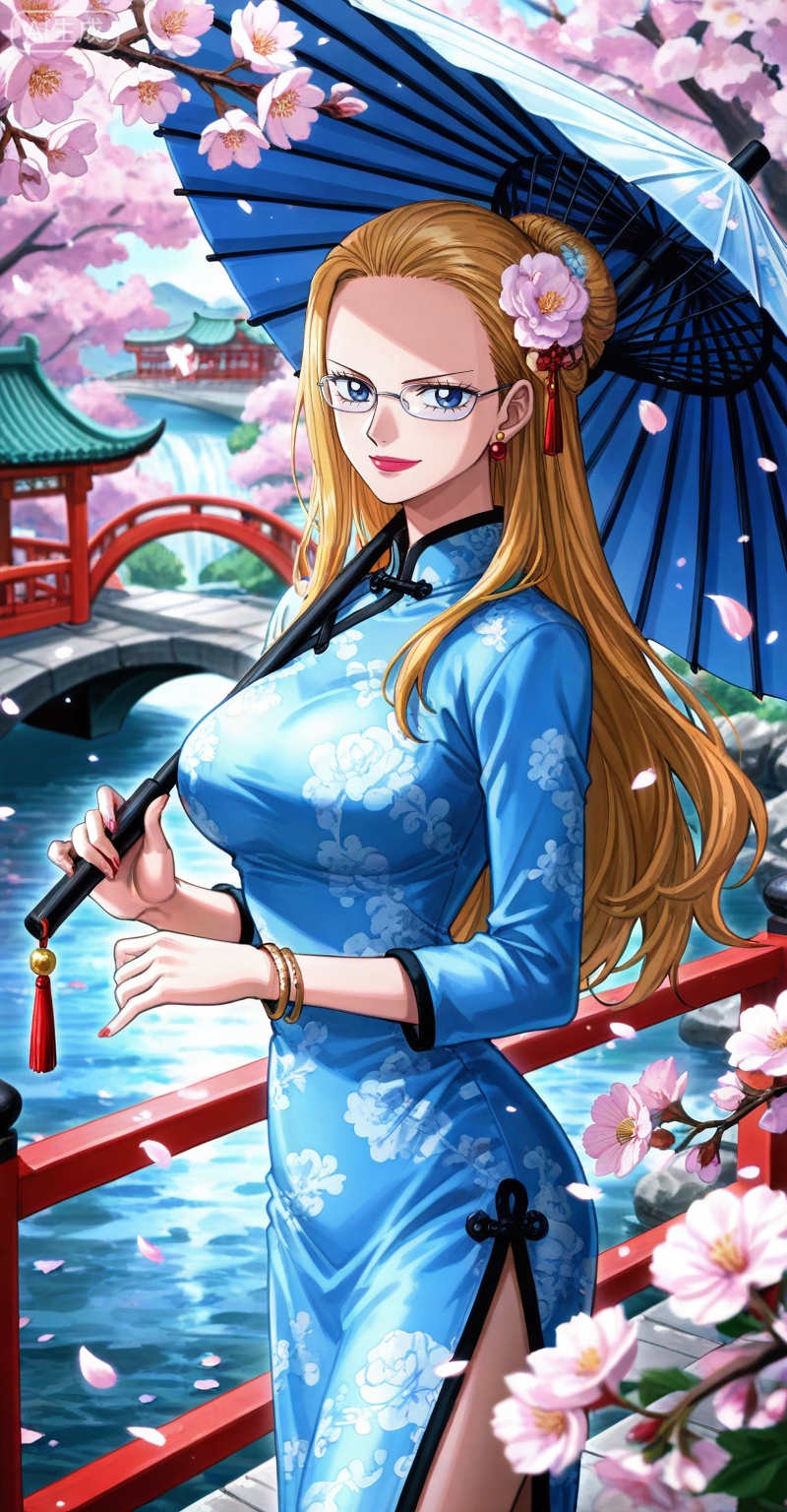 depth of field,masterpiece,best quality,very aesthetic,alternate costume,alternate costume,2024,2023,perfect composition,ultra-detailed,extreme aesthetic,(quasarcake:0.7),masterpiece,best quality,good quality,newest,year 2024,year 2023,very aesthetic,absurdres,looking_at_viewer,colorful,
Kalifa one piece,Kalifa\(one piece\),1girl,solo,blonde hair,long hair,glasses,jewelry,earrings,blue eyes,lipstick,large breasts,retro artstyle,
1girl,solo,dress,umbrella,long hair,chinese clothes,china dress,jewelry,petals,flower,cherry blossoms,hand fan,smile,hair ornament,holding,earrings,folding fan,water,bridge,looking at viewer,hair flower,breasts,holding umbrella,bracelet,river,outdoors,east asian architecture,