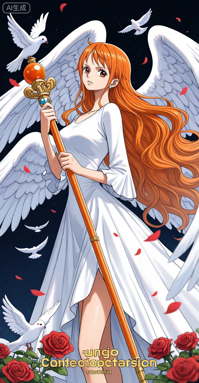 depth of field,masterpiece,best quality,very aesthetic,alternate costume,alternate costume,2024,2023,perfect composition,ultra-detailed,extreme aesthetic,masterpiece,best quality,good quality,newest,year 2024,year 2023,very aesthetic,absurdres,looking_at_viewer,colorful,,Nami one piece,Nami \(one piece\),Orange hair,orange eyes,long hair,wavy hair,very long hair,
lvjing,1girl,wings,solo,bird,flower,long hair,dress,dove,angel wings,feathered wings,very long hair,holding,white wings,white dress,rose,staff,multiple wings,animal,4,


english text,