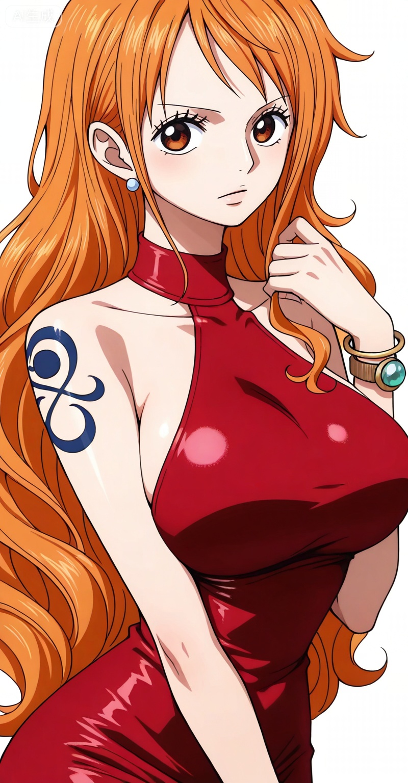 depth of field,masterpiece,best quality,very aesthetic,alternate costume,alternate costume,2024,2023,perfect composition,ultra-detailed,extreme aesthetic,masterpiece,best quality,good quality,newest,year 2024,year 2023,very aesthetic,absurdres,looking_at_viewer,colorful,,Nami one piece,Nami \(one piece\),Orange hair,orange eyes,long hair,wavy hair,very long hair,Nami one piece,Nami \(one piece\),1girl,solo,orange hair,dress,breasts,tattoo,jewelry,red dress,bracelet,large breasts,earrings,bare shoulders,sleeveless,single sidelock,halterneck,looking at viewer,brown eyes,41,
white_background,simple background,