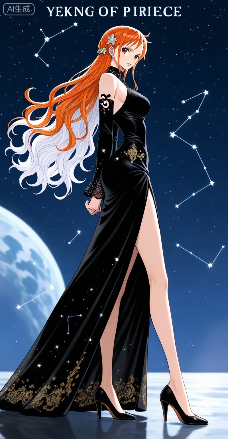 depth of field,masterpiece,best quality,very aesthetic,alternate costume,alternate costume,2024,2023,perfect composition,ultra-detailed,extreme aesthetic,masterpiece,best quality,good quality,newest,year 2024,year 2023,very aesthetic,absurdres,looking_at_viewer,colorful,,Nami one piece,Nami \(one piece\),Orange hair,orange eyes,long hair,wavy hair,very long hair,
 lvjing,1girl,long hair,solo,white hair,dress,very long hair,wavy hair,hair ornament,full body,jewelry,black dress,bare shoulders,star \(sky\),standing,constellation,side slit,high heels,40

english text,