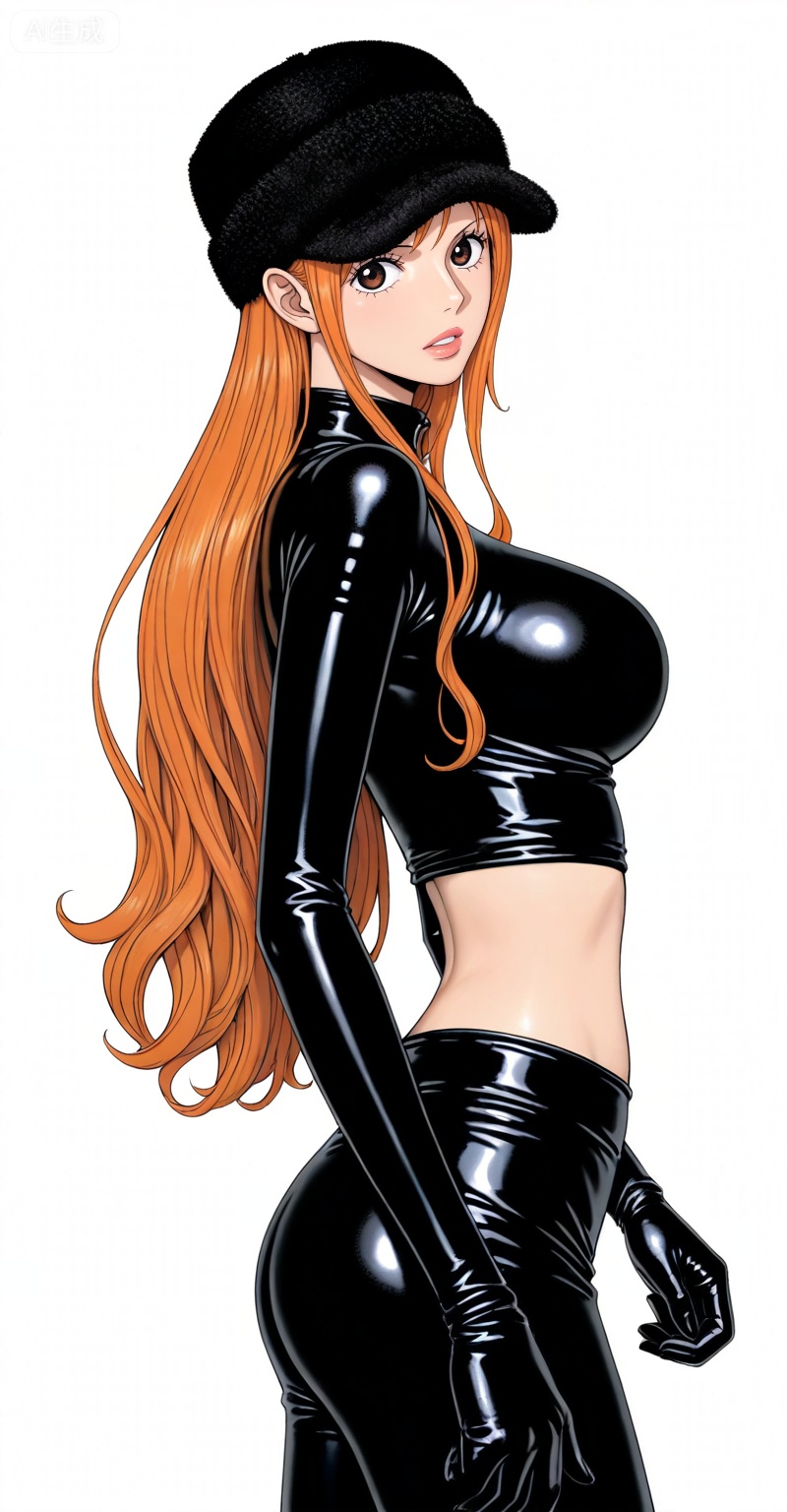 depth of field,masterpiece,best quality,very aesthetic,alternate costume,alternate costume,2024,2023,perfect composition,ultra-detailed,extreme aesthetic,masterpiece,best quality,good quality,newest,year 2024,year 2023,very aesthetic,absurdres,looking_at_viewer,colorful,,
Nami one piece, Nami \(one piece\), 1girl, solo, hat, long hair, orange hair, fur hat, gloves, brown eyes, crop top, breasts, looking at viewer, midriff, from side, lips, white background, black gloves, parted lips, black headwear, latex, simple background, large breasts, 50