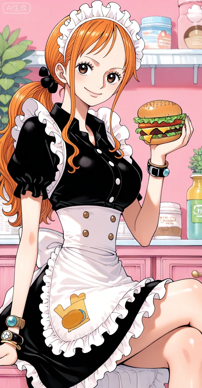 depth of field,masterpiece,best quality,very aesthetic,alternate costume,alternate costume,2024,2023,perfect composition,ultra-detailed,extreme aesthetic,masterpiece,best quality,good quality,newest,year 2024,year 2023,very aesthetic,absurdres,looking_at_viewer,colorful,,
Nami one piece, Nami \(one piece\), 1girl, orange hair, solo, food, crossed legs, smile, sitting, maid, maid headdress, holding, long hair, looking at viewer, apron, frills, bracelet, short sleeves, single sidelock, jewelry, holding food, breasts, dress, indoors, burger, black dress, brown eyes, white apron, closed mouth, ponytail, frilled apron, buttons, puffy short sleeves, maid apron, hair ornament, puffy sleeves, frilled dress, feet out of frame, sidelocks, waist apron, plant, 67