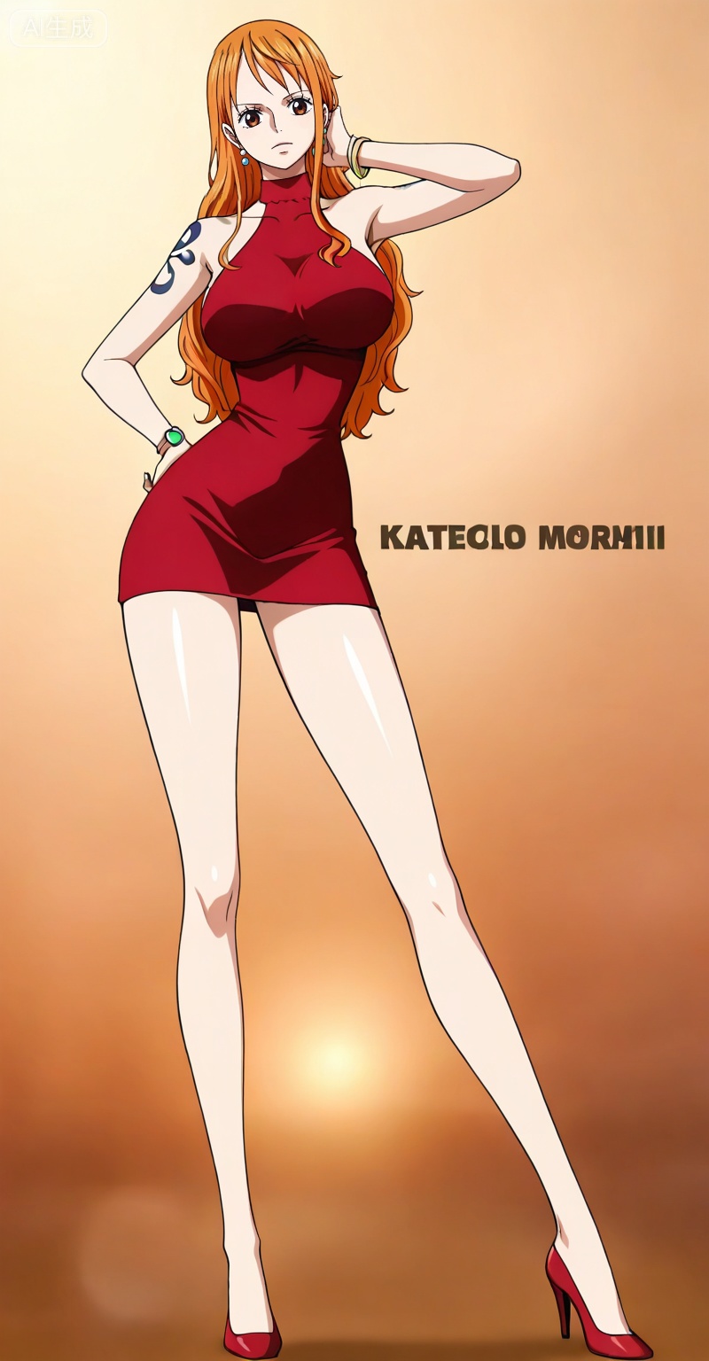 depth of field,masterpiece,best quality,very aesthetic,alternate costume,alternate costume,2024,2023,perfect composition,ultra-detailed,extreme aesthetic,masterpiece,best quality,good quality,newest,year 2024,year 2023,very aesthetic,absurdres,looking_at_viewer,colorful,,Nami one piece,Nami \(one piece\),Orange hair,orange eyes,long hair,wavy hair,very long hair,Nami one piece,Nami \(one piece\),1girl,solo,orange hair,dress,breasts,tattoo,jewelry,red dress,bracelet,large breasts,earrings,bare shoulders,sleeveless,single sidelock,halterneck,looking at viewer,brown eyes,41,
legs,long legs,high_heels,english text,