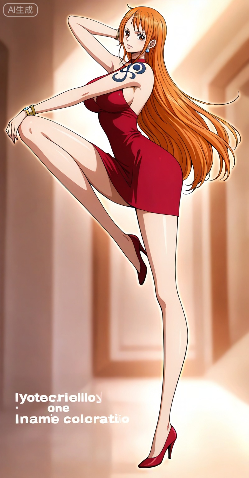 depth of field,masterpiece,best quality,very aesthetic,alternate costume,alternate costume,2024,2023,perfect composition,ultra-detailed,extreme aesthetic,masterpiece,best quality,good quality,newest,year 2024,year 2023,very aesthetic,absurdres,looking_at_viewer,colorful,,Nami one piece,Nami \(one piece\),Orange hair,orange eyes,long hair,wavy hair,very long hair,Nami one piece,Nami \(one piece\),1girl,solo,orange hair,dress,breasts,tattoo,jewelry,red dress,bracelet,large breasts,earrings,bare shoulders,sleeveless,single sidelock,halterneck,looking at viewer,brown eyes,41,
legs,long legs,high_heels,english text,