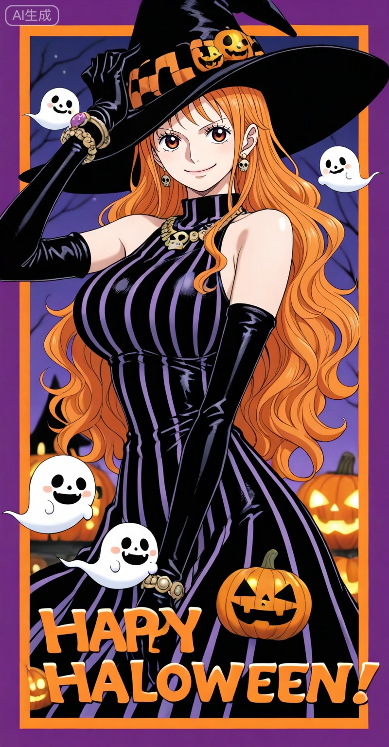 depth of field,masterpiece,best quality,very aesthetic,alternate costume,alternate costume,2024,2023,perfect composition,ultra-detailed,extreme aesthetic,masterpiece,best quality,good quality,newest,year 2024,year 2023,very aesthetic,absurdres,looking_at_viewer,colorful,,Nami one piece,Nami \(one piece\),Orange hair,orange eyes,long hair,wavy hair,very long hair,
1girl,witch hat,gloves,jewelry,hat,breasts,solo,jack-o'-lantern,dress,halloween,earrings,ghost,black gloves,necklace,looking at viewer,black dress,pumpkin,smile,black headwear,sleeveless,elbow gloves,happy halloween,sleeveless dress,striped dress,bracelet,purple eyes,border,skull,upper body,halloween costume,witch,striped clothes,hand on headwear,large breasts,closed mouth,bare shoulders,

english text,