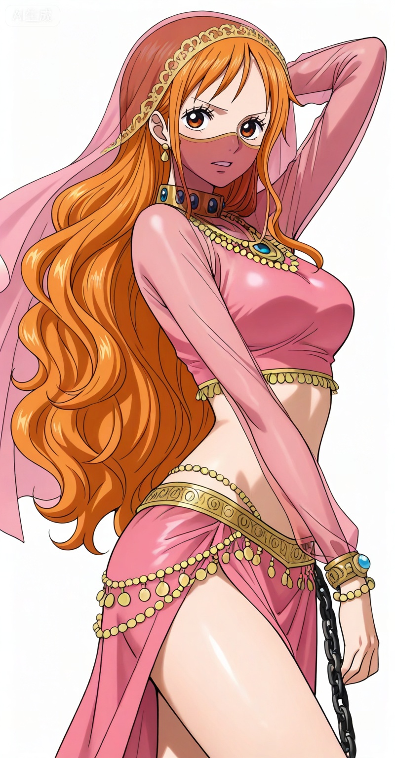 depth of field,masterpiece,best quality,very aesthetic,alternate costume,alternate costume,2024,2023,perfect composition,ultra-detailed,extreme aesthetic,masterpiece,best quality,good quality,newest,year 2024,year 2023,very aesthetic,absurdres,looking_at_viewer,colorful,,Nami one piece,Nami \(one piece\),Orange hair,orange eyes,long hair,wavy hair,very long hair,
1girl,solo,veil,long hair,chain,mouth veil,jewelry,looking at viewer,necklace,arabian clothes,crop_top,skirt,harem outfit,25,simple background,white_background,collar top,

english text,