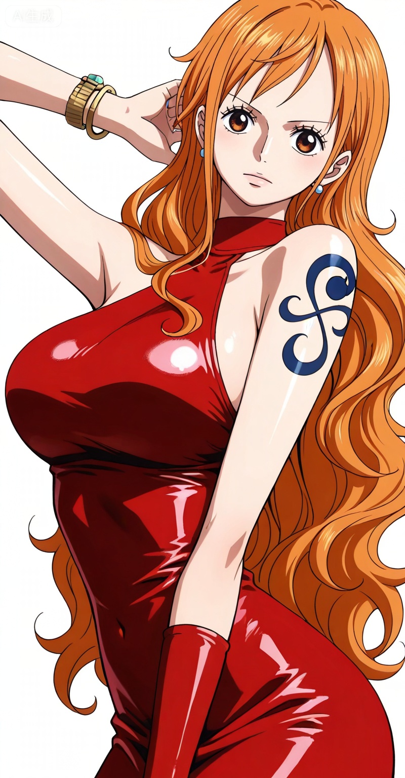 depth of field,masterpiece,best quality,very aesthetic,alternate costume,alternate costume,2024,2023,perfect composition,ultra-detailed,extreme aesthetic,masterpiece,best quality,good quality,newest,year 2024,year 2023,very aesthetic,absurdres,looking_at_viewer,colorful,,Nami one piece,Nami \(one piece\),Orange hair,orange eyes,long hair,wavy hair,very long hair,Nami one piece,Nami \(one piece\),1girl,solo,orange hair,dress,breasts,tattoo,jewelry,red dress,bracelet,large breasts,earrings,bare shoulders,sleeveless,single sidelock,halterneck,looking at viewer,brown eyes,41,
white_background,simple background,