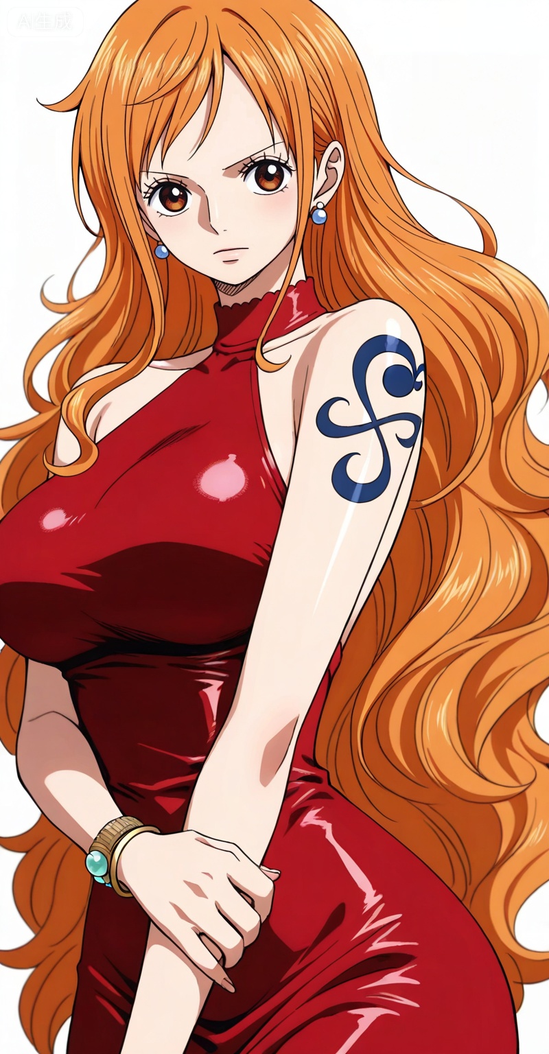 depth of field,masterpiece,best quality,very aesthetic,alternate costume,alternate costume,2024,2023,perfect composition,ultra-detailed,extreme aesthetic,masterpiece,best quality,good quality,newest,year 2024,year 2023,very aesthetic,absurdres,looking_at_viewer,colorful,,Nami one piece,Nami \(one piece\),Orange hair,orange eyes,long hair,wavy hair,very long hair,Nami one piece,Nami \(one piece\),1girl,solo,orange hair,dress,breasts,tattoo,jewelry,red dress,bracelet,large breasts,earrings,bare shoulders,sleeveless,single sidelock,halterneck,looking at viewer,brown eyes,41,
white_background,simple background,