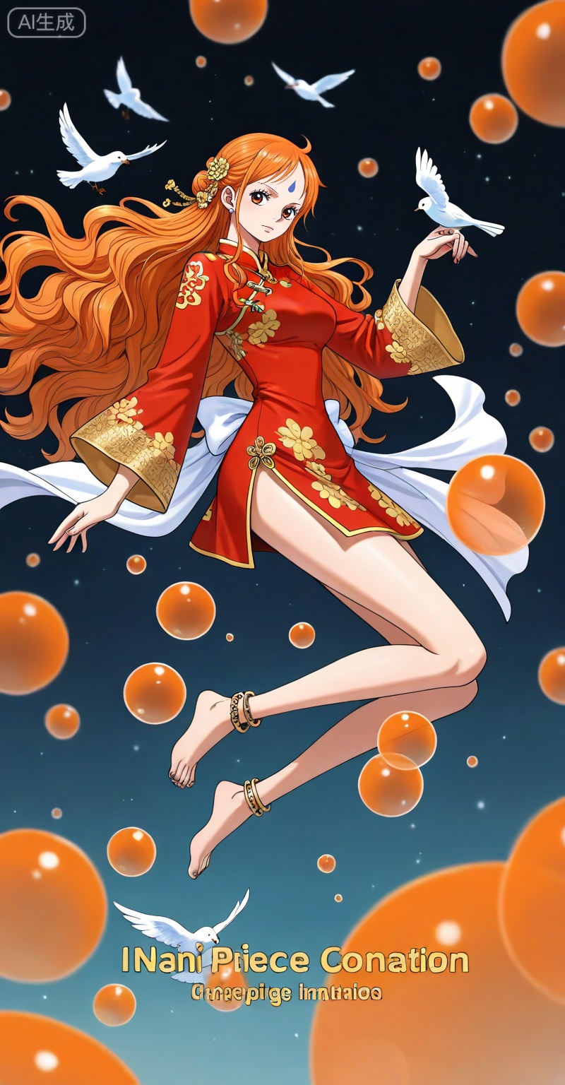 depth of field,masterpiece,best quality,very aesthetic,alternate costume,alternate costume,2024,2023,perfect composition,ultra-detailed,extreme aesthetic,masterpiece,best quality,good quality,newest,year 2024,year 2023,very aesthetic,absurdres,looking_at_viewer,colorful,,Nami one piece,Nami \(one piece\),Orange hair,orange eyes,long hair,wavy hair,very long hair,
lvjing,1girl,bird,long hair,dress,jewelry,solo,hair ornament,forehead mark,anklet,barefoot,facial mark,chinese clothes,full body,floating,5,

english text,