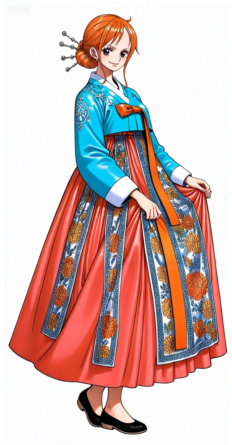 depth of field,masterpiece,best quality,very aesthetic,alternate costume,alternate costume,2024,2023,perfect composition,ultra-detailed,extreme aesthetic,masterpiece,best quality,good quality,newest,year 2024,year 2023,very aesthetic,absurdres,looking_at_viewer,colorful,,
Nami one piece, Nami \(one piece\), 1girl, solo, orange hair, korean clothes, hanbok, hair ornament, simple background, white background, full body, smile, dress, long sleeves, hair bun, skirt hold, looking at viewer, single hair bun, hair stick, hairpin, standing, 16