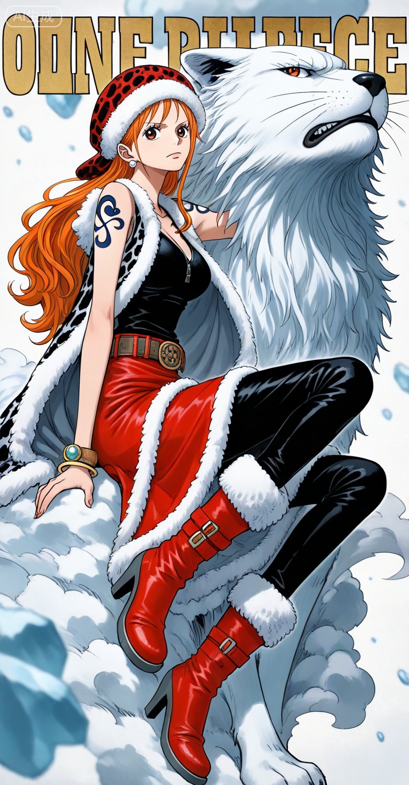 depth of field,masterpiece,best quality,very aesthetic,alternate costume,alternate costume,2024,2023,perfect composition,ultra-detailed,extreme aesthetic,masterpiece,best quality,good quality,newest,year 2024,year 2023,very aesthetic,absurdres,looking_at_viewer,colorful,,
Nami one piece, Nami \(one piece\), 1girl, boots, fur trim, jewelry, orange hair, hat, long hair, tattoo, breasts, red footwear, skirt, fur-trimmed boots, earrings, sitting, red skirt, cleavage, bracelet, pants, high heels, full body, looking at viewer, shoulder tattoo, belt, closed mouth, black pants, sleeveless, high heel boots, copyright name, arm tattoo, bangle, orange eyes, english text, black pantyhose, cover, medium breasts, black shirt, shirt, fur-trimmed skirt, brown eyes, 46