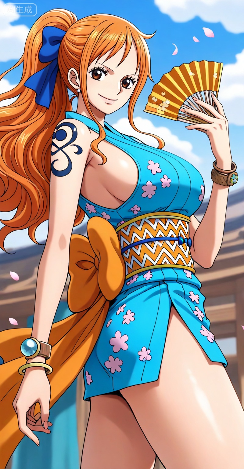 depth of field,masterpiece,best quality,very aesthetic,alternate costume,alternate costume,2024,2023,perfect composition,ultra-detailed,extreme aesthetic,masterpiece,best quality,good quality,newest,year 2024,year 2023,very aesthetic,absurdres,looking_at_viewer,colorful,,
Nami one piece, Nami \(one piece\), 1girl, long hair, solo, orange hair, tattoo, breasts, smile, sideboob, japanese clothes, looking at viewer, brown eyes, holding, floating hair, sleeveless, blue kimono, kimono, jewelry, bow, short kimono, large breasts, bracelet, ponytail, shoulder tattoo, 14