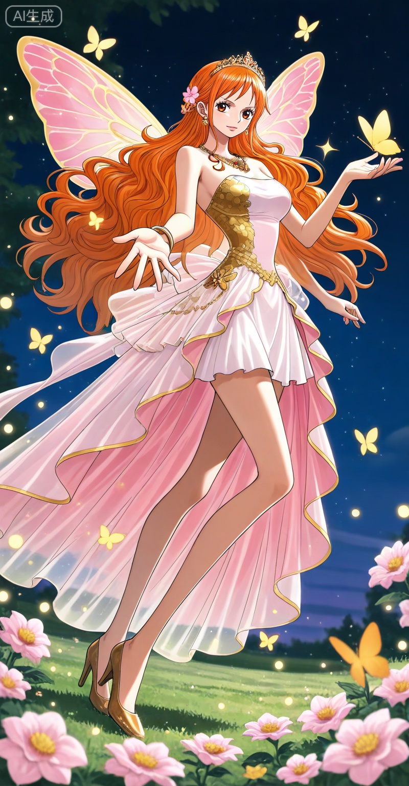 depth of field,masterpiece,best quality,very aesthetic,alternate costume,alternate costume,2024,2023,perfect composition,ultra-detailed,extreme aesthetic,masterpiece,best quality,good quality,newest,year 2024,year 2023,very aesthetic,absurdres,looking_at_viewer,colorful,,Nami one piece,Nami \(one piece\),Orange hair,orange eyes,long hair,wavy hair,very long hair,
lvjing,1girl,dress,hair ornament,butterfly,jewelry,bug,solo,wings,insect wings,earrings,flower,tiara,necklace,night,butterfly wings,sparkle,outstretched hand,bare shoulders,30,legs,long legs,high_heels,white dress,gold dress,pink dress,

english text,