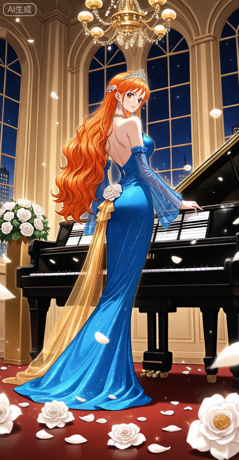 depth of field,masterpiece,best quality,very aesthetic,alternate costume,alternate costume,2024,2023,perfect composition,ultra-detailed,extreme aesthetic,masterpiece,best quality,good quality,newest,year 2024,year 2023,very aesthetic,absurdres,looking_at_viewer,colorful,,Nami one piece,Nami \(one piece\),Orange hair,orange eyes,long hair,wavy hair,very long hair,
lvjing,1girl,dress,flower,instrument,solo,white flower,chandelier,jewelry,long hair,white rose,earrings,piano,night,tiara,full body,sparkle,rose,blue dress,gold dress,window,necklace,night sky,sky,indoors,petals,bare shoulders,building,looking at viewer,41, ,lvjing,back,looking_back, 


english text,