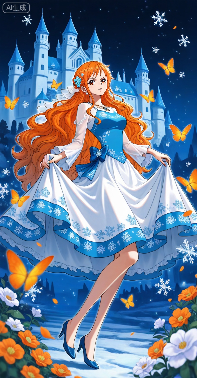 depth of field,masterpiece,best quality,very aesthetic,alternate costume,alternate costume,2024,2023,perfect composition,ultra-detailed,extreme aesthetic,masterpiece,best quality,good quality,newest,year 2024,year 2023,very aesthetic,absurdres,looking_at_viewer,colorful,,Nami one piece,Nami \(one piece\),Orange hair,orange eyes,long hair,wavy hair,very long hair,
lvjing,1girl,dress,long hair,solo,skirt hold,hair ornament,jewelry,white hair,white dress,blue dress,necklace,full body,night,castle,butterfly,snowflakes,bug,flower,56, lvjing,lying,on back,high_heels,
english text,