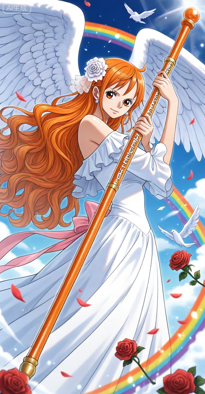 depth of field,masterpiece,best quality,very aesthetic,alternate costume,alternate costume,2024,2023,perfect composition,ultra-detailed,extreme aesthetic,masterpiece,best quality,good quality,newest,year 2024,year 2023,very aesthetic,absurdres,looking_at_viewer,colorful,,Nami one piece,Nami \(one piece\),Orange hair,orange eyes,long hair,wavy hair,very long hair,
 lvjing,1girl,long hair,solo,dress,flower,wings,very long hair,jewelry,staff,pegasus,angel wings,rose,hair ornament,rainbow,earrings,white dress,bird,hair flower,holding,bare shoulders,white wings,6,

english text,