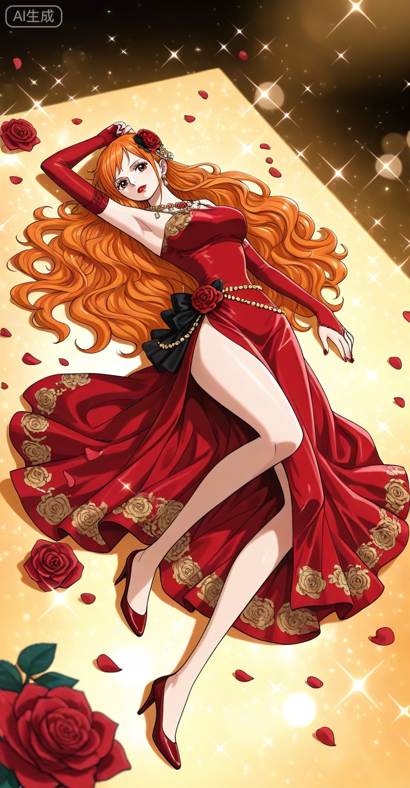 depth of field,masterpiece,best quality,very aesthetic,alternate costume,alternate costume,2024,2023,perfect composition,ultra-detailed,extreme aesthetic,masterpiece,best quality,good quality,newest,year 2024,year 2023,very aesthetic,absurdres,looking_at_viewer,colorful,,Nami one piece,Nami \(one piece\),Orange hair,orange eyes,long hair,wavy hair,very long hair,
lvjing,red dress,flower,dress,long hair,1girl,solo,red flower,jewelry,hair ornament,red gloves,red footwear,hair flower,gloves,rose,high heels,full body,looking at viewer,earrings,red rose,wavy hair,sparkle,petals,stage,red lips,necklace,side slit,long dress,makeup,red nails,45, ,lvjing,lying,on back,high_heels,

english text,