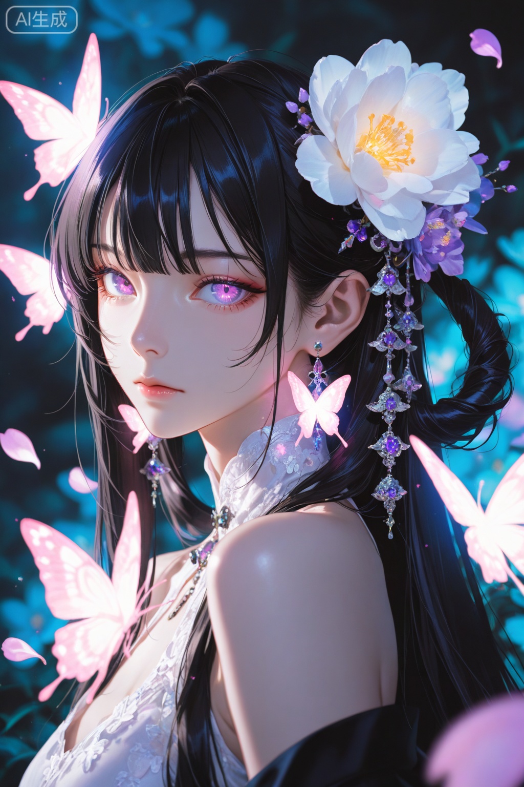 yoneyama mai,1girl,butterfly,bug,solo,hair ornament,long hair,black hair,purple eyes,flower,dress,jewelry,hair rings,upper body,earrings,petals,bare shoulders,hair flower,closed mouth,glowing butterfly,NDAN yoneyama mai,solo,looking at viewer,blurry,chromatic aberration,(extremely detailed CG unity 8k wallpaper,masterpiece),(8k resolution),Khighres,hi res,best quality,masterpiece,intricate,details,absurdres,Close-up shot of the face,Rainbow-like light,depth of field,dynamic compositio,